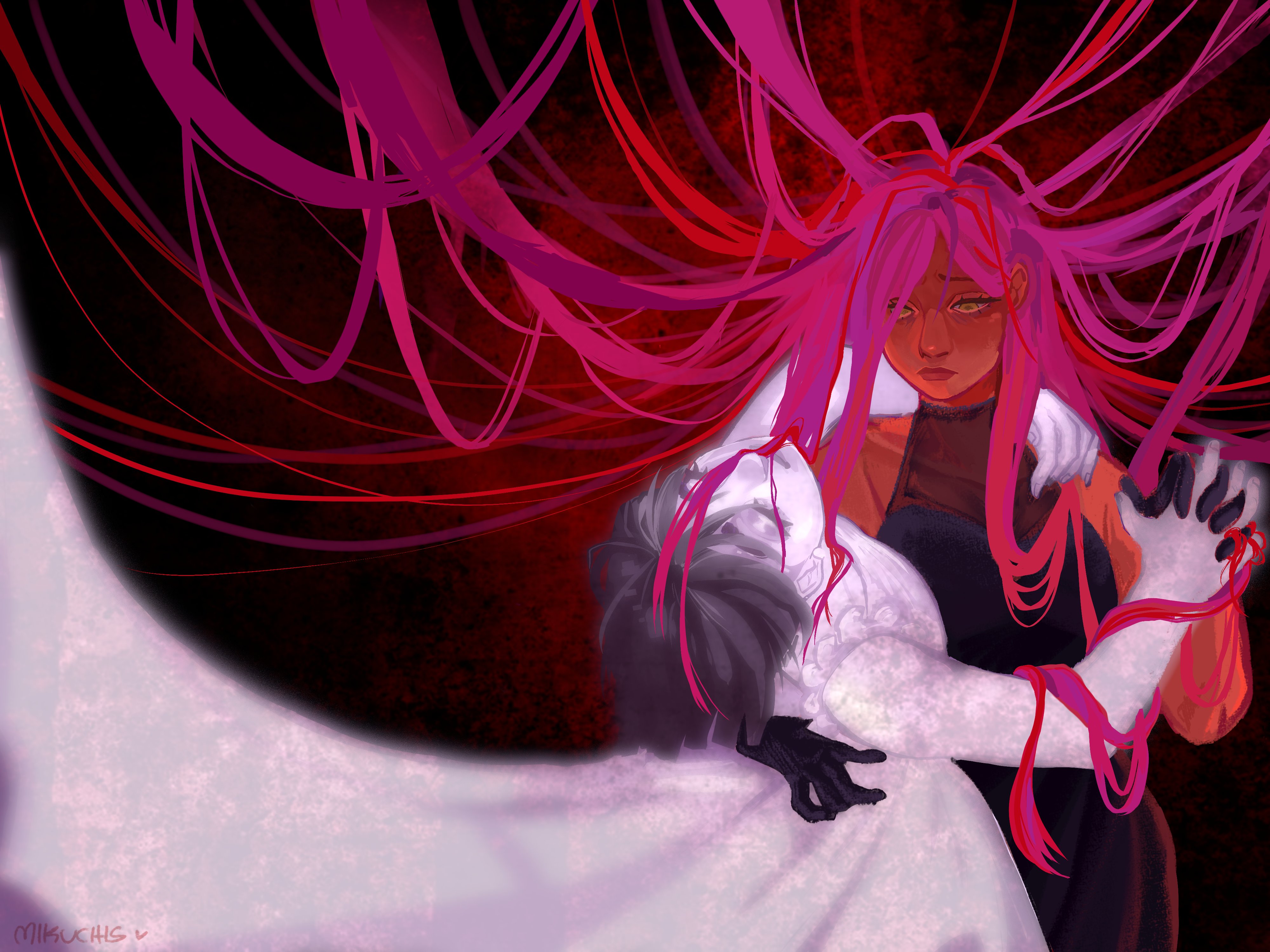 mizi (alien stage), sua (alien stage), alien stage, absurdres, commentary, english commentary, highres, 2girls, arm around neck, black dress, black gloves, black hair, closed eyes, closed mouth, dancing, dress, elbow gloves, gloves, halter dress, halterneck, hand on another's waist, holding hands, long hair, mikuchis, multiple girls, pink hair, very long hair, white dress, white gloves, yellow eyes, yuri