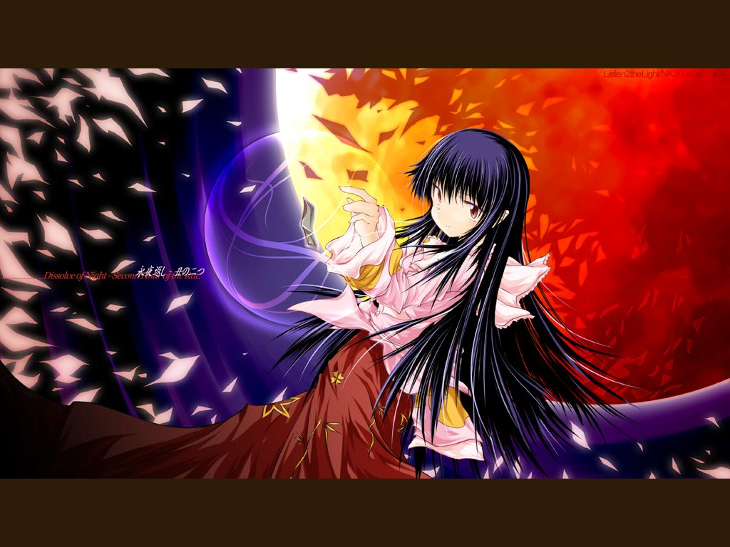 enu kei, houraisan kaguya, touhou, 1girl, black hair, blouse, cherry blossoms, dutch angle, female focus, letterboxed, long hair, long skirt, long sleeves, looking at viewer, petals, red skirt, shirt, skirt, solo, standing, very long hair