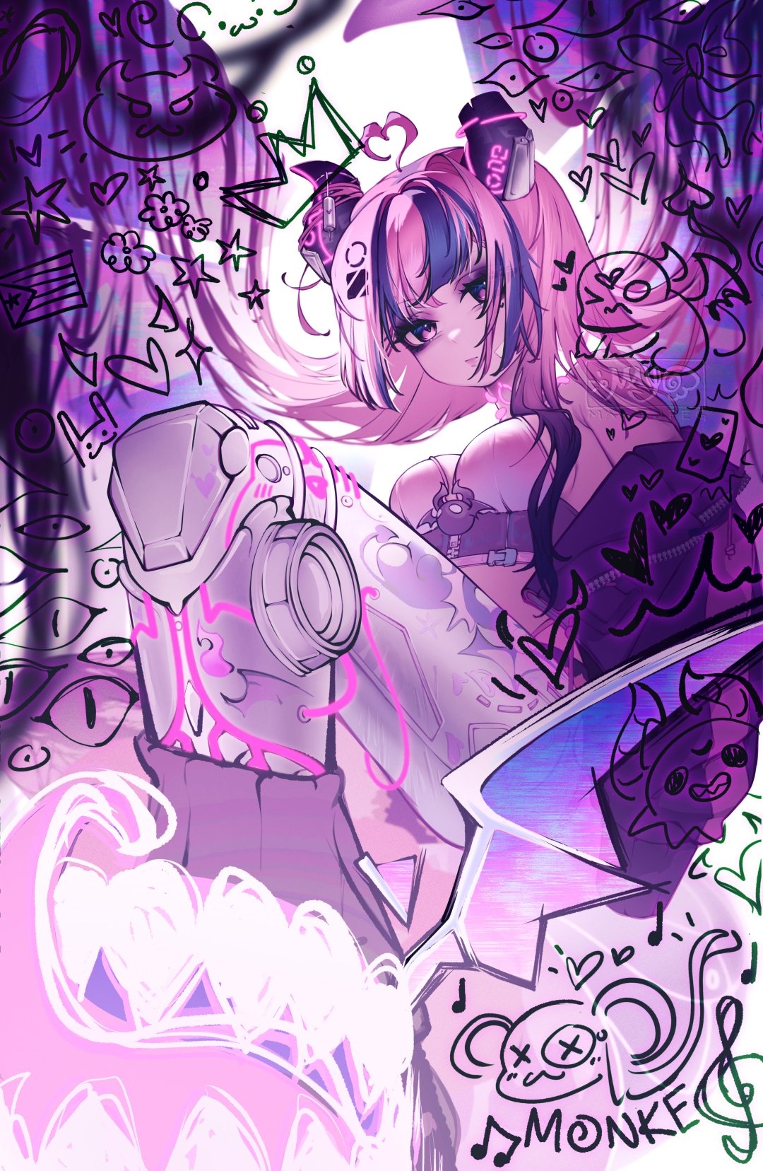 ironmouse, highres, breasts, mayojpeg, mechanical legs, pink hair, purple eyes, purple hair, single mechanical leg