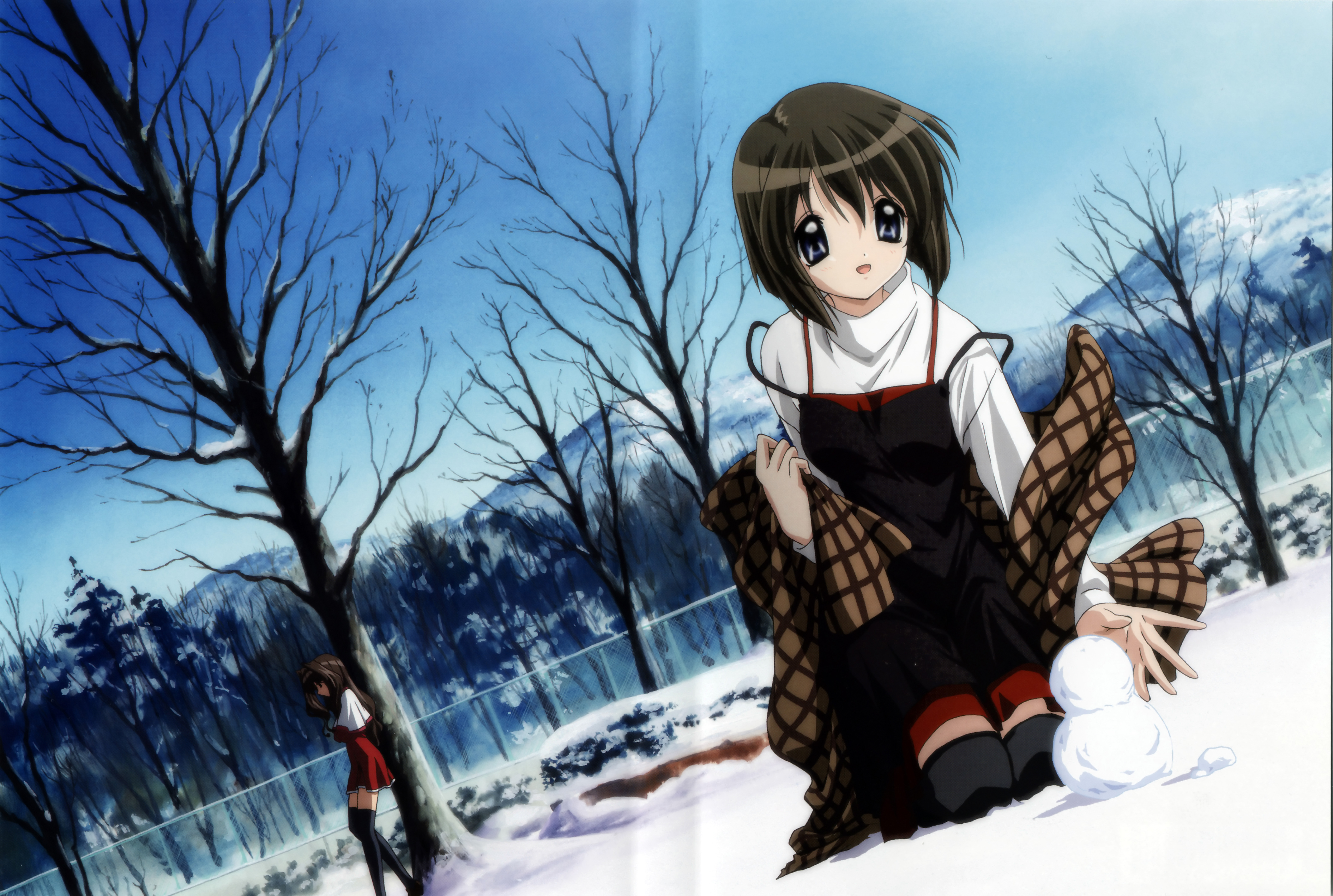 hinoue itaru, ikeda kazumi, misaka kaori, misaka shiori, kanon, kanon 2006, absurdres, highres, 2girls, blue eyes, multiple girls, short hair, siblings, sisters, snow
