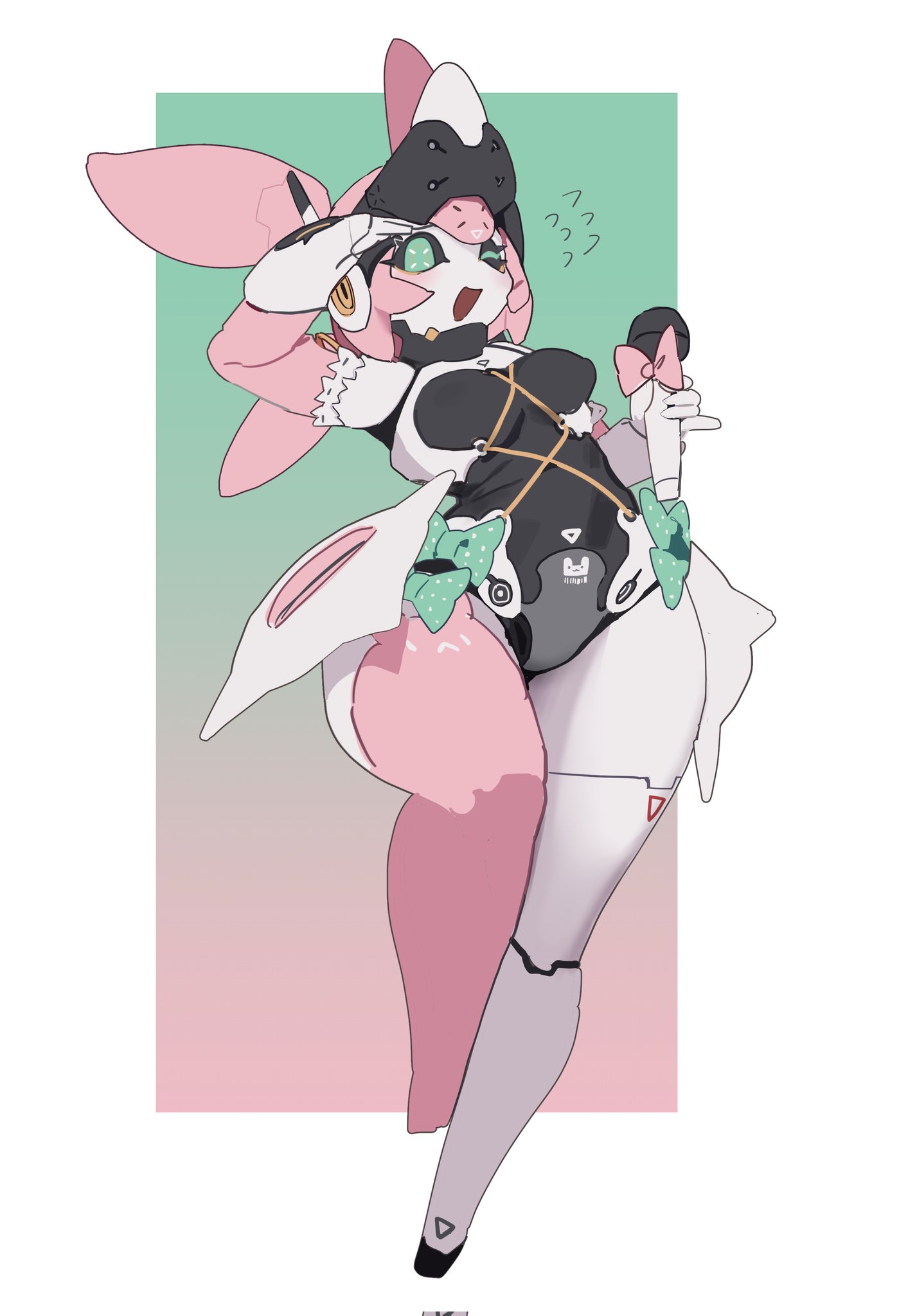 gya rb, yutane johiel, zenless zone zero, corrupted twitter file, highres, 1girl, animal ears, detached sleeves, full body, green eyes, humanoid robot, microphone, one eye closed, open mouth, rabbit ears, robot, robot ears, robot girl, salute, single thighhigh, solo, thick thighs, thighhighs, thighs