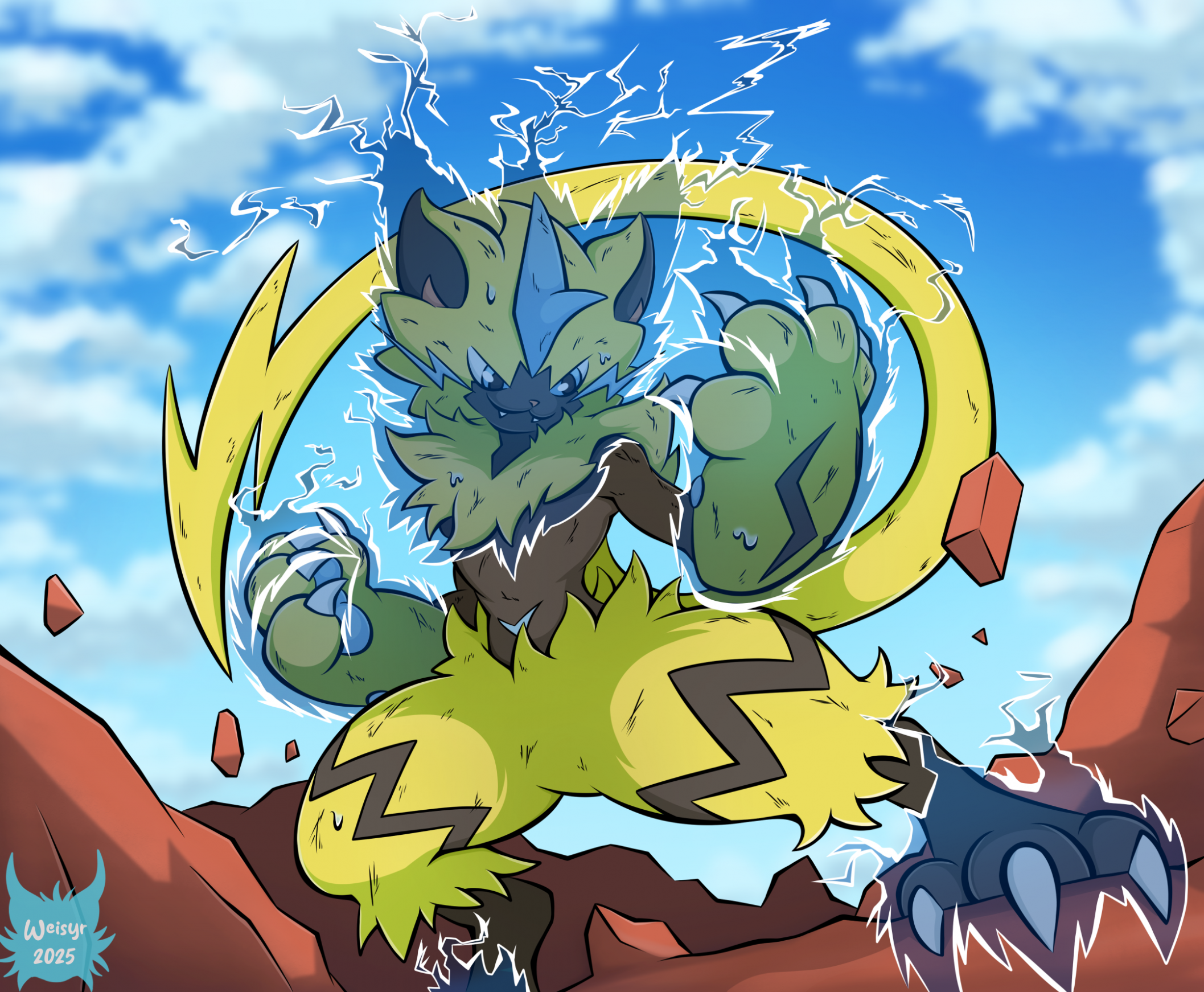 zeraora, nintendo, pokemon, highres, artist logo, artist name, black fur, blue sky, day, electricity, gen 7 pokemon, legendary pokemon, logo, mythical pokemon, outdoors, pokemon (creature), sky, solo, two-tone fur, weisyr, yellow fur