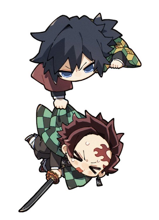 kamado tanjirou, tomioka giyuu, kimetsu no yaiba, commentary request, > <, 2boys, black hair, blue eyes, brown hair, checkered clothes, checkered haori, closed eyes, demon slayer uniform, earrings, hanging, haori, holding, holding sword, holding weapon, japanese clothes, jewelry, katana, long hair, long sleeves, male focus, multiple boys, no mouth, pmpmmochi, pulling another's clothes, scar, scar on face, scar on forehead, short hair, simple background, sweat, sword, weapon, white background
