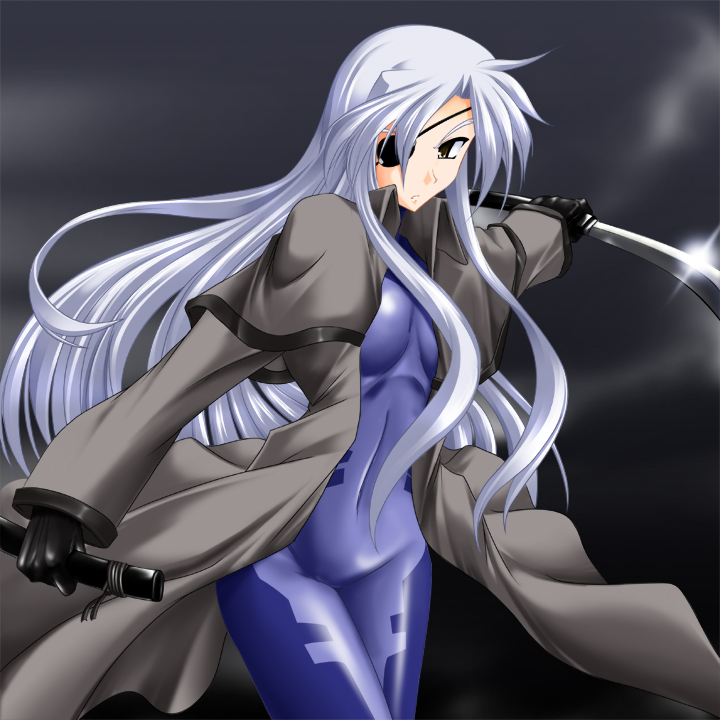 kanten, cinque (nanoha), numbers (nanoha), lyrical nanoha, mahou shoujo lyrical nanoha, mahou shoujo lyrical nanoha strikers, silver hair, 00s, 1girl, blue bodysuit, bodysuit, brown eyes, coat, eyepatch, female focus, katana, long hair, solo, sword, trench coat, weapon