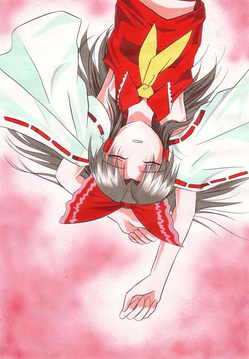 angeldust, hakurei reimu, touhou, 1girl, armpits, brown hair, detached sleeves, female focus, gradient background, japanese clothes, long hair, miko, ribbon, solo, upper body