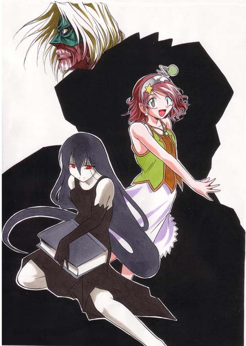 angeldust, abyss (sound horizon), chronica, picomari, chronicle 2nd, elysion, pico magic, sound horizon, 1boy, 2girls, book, brown hair, dress, elbow gloves, gloves, long hair, multiple girls, red eyes, short hair