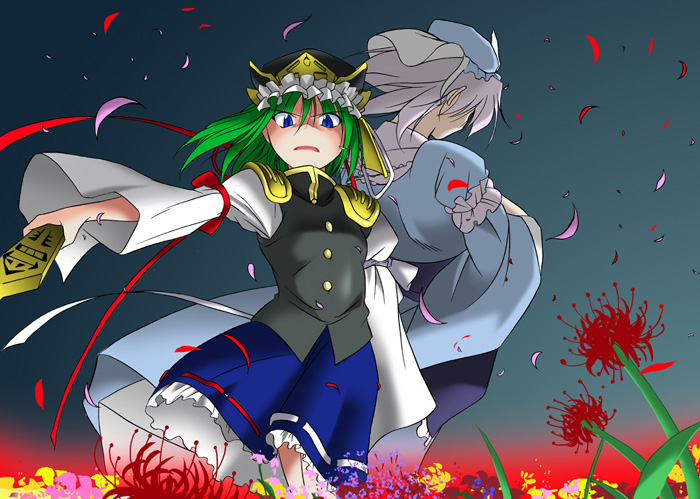 angeldust, saigyouji yuyuko, shiki eiki, touhou, duplicate, 2girls, back, back-to-back, blue eyes, female focus, flower, green hair, hat, japanese clothes, multiple girls, night, petals, red flower, ribbon, rod of remorse, short hair, skirt, spider lily, wind