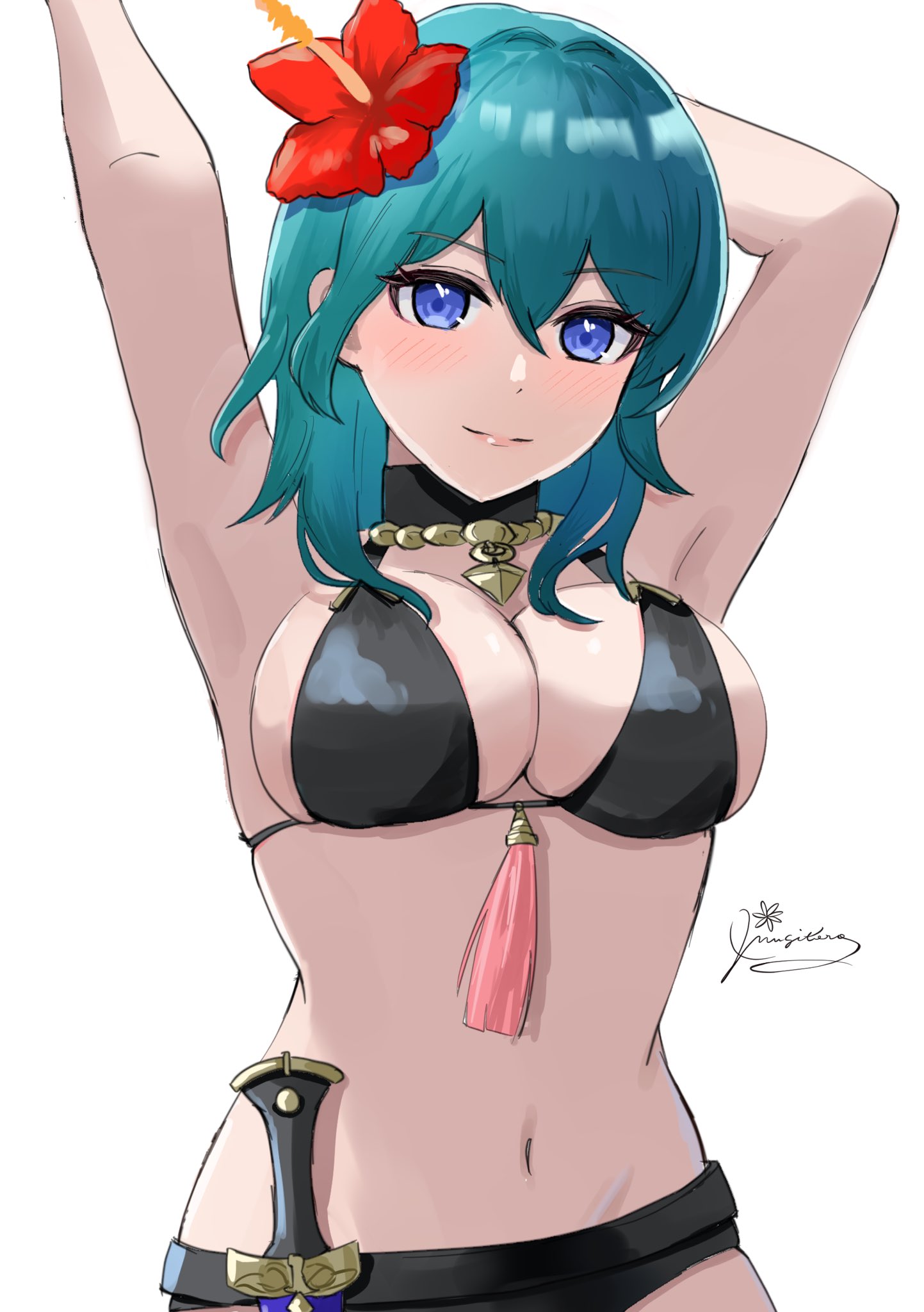 mugitoro (dsfv2277), female byleth (fire emblem), female byleth (summer) (fire emblem), fire emblem, fire emblem: three houses, fire emblem heroes, nintendo, highres, 1girl, arms up, bikini, black bikini, black choker, blue eyes, blue hair, blush, breasts, choker, cleavage, closed mouth, dagger, flower, hair flower, hair ornament, hibiscus, knife, large breasts, long hair, looking at viewer, navel, official alternate costume, red flower, sheath, sheathed, simple background, smile, solo, stomach, swimsuit, upper body, weapon, white background