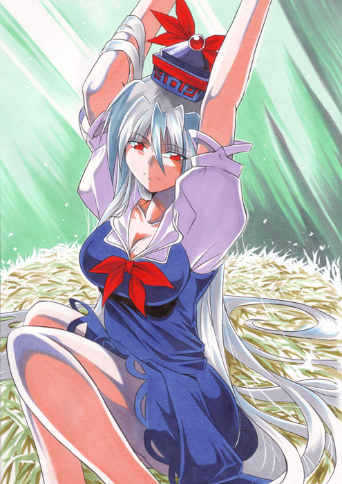 angeldust, kamishirasawa keine, touhou, silver hair, 1girl, breasts, dress, female focus, large breasts, long hair, red eyes, solo, very long hair