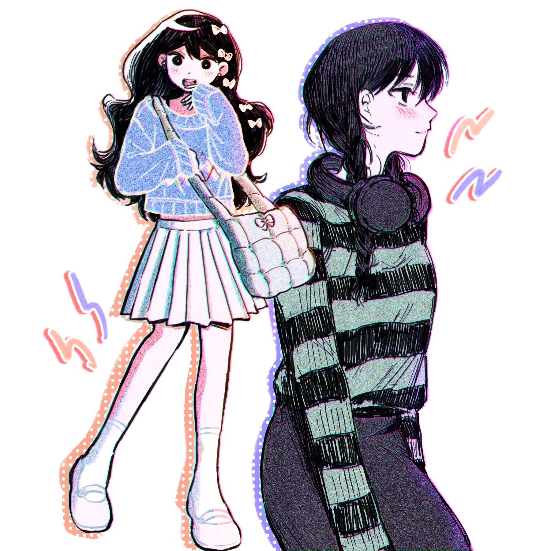 bu3hgg, mari (faraway) (omori), mari (omori), omori, commentary request, highres, korean commentary, 1girl, :d, alternate hairstyle, ankle socks, bag, bag bow, black eyes, black hair, black pants, black sweater, blue sweater, blush, bow, braid, breasts, bright pupils, chromatic aberration, closed mouth, cowboy shot, double-parted bangs, film grain, full body, green sweater, hair behind ear, hair between eyes, hair bow, hair over shoulder, halftone, halftone background, hand on own chin, hatching (texture), headphones, headphones around neck, holding, holding bag, long hair, long sleeves, looking ahead, looking at viewer, low twin braids, mary janes, medium skirt, midriff peek, multiple views, open mouth, pants, pink shoes, pleated skirt, profile, puffy long sleeves, puffy sleeves, shoes, shoulder bag, simple background, skirt, sleeves past wrists, small breasts, smile, socks, standing, standing on one leg, striped clothes, striped sweater, sweater, teeth, tongue, twin braids, two-tone sweater, upper teeth only, very long hair, white background, white bag, white bow, white pupils, white skirt, white socks