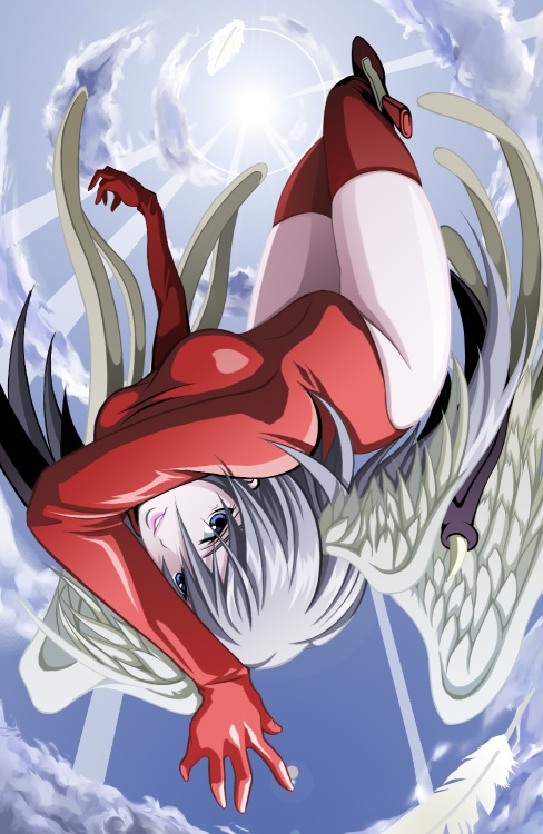 tsukumo (soar99), ultima (fft), final fantasy, final fantasy tactics, silver hair, 1girl, blue eyes, breasts, day, feathers, female focus, full body, head wings, leotard, outdoors, red leotard, sky, solo, sun, thighhighs, wings