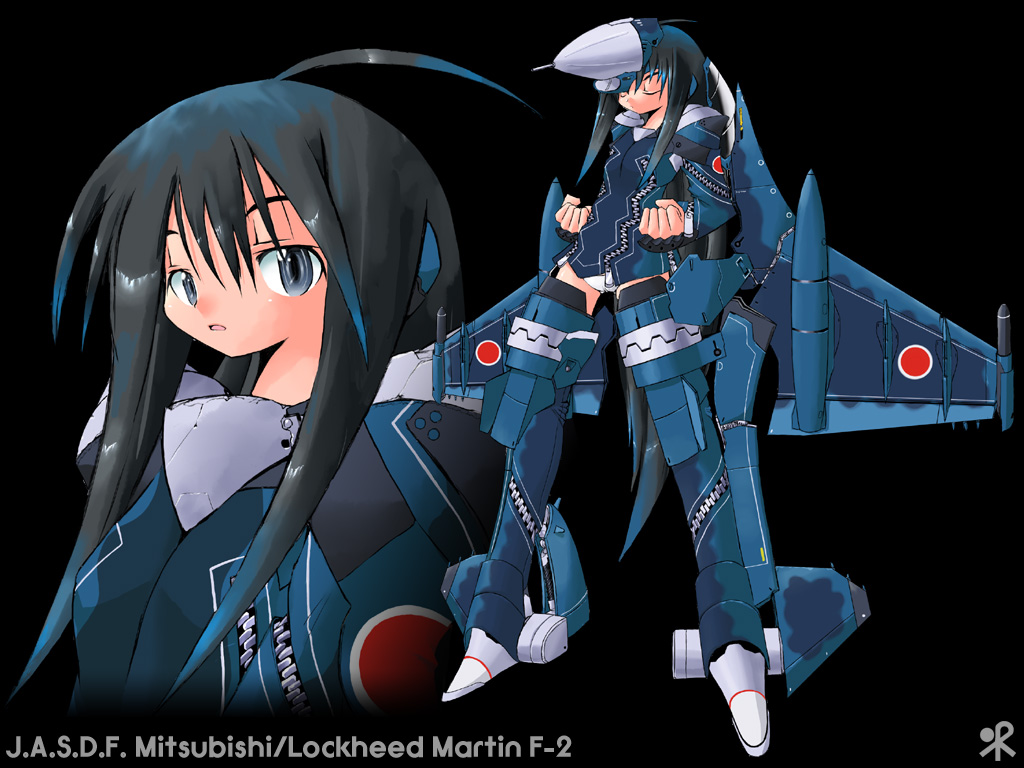 yone88, yonezuka ryou, original, jet, 1girl, ahoge, aircraft, airplane, long hair, mecha musume, military, mitsubishi f-2, multiple views, panties, underwear, zipper