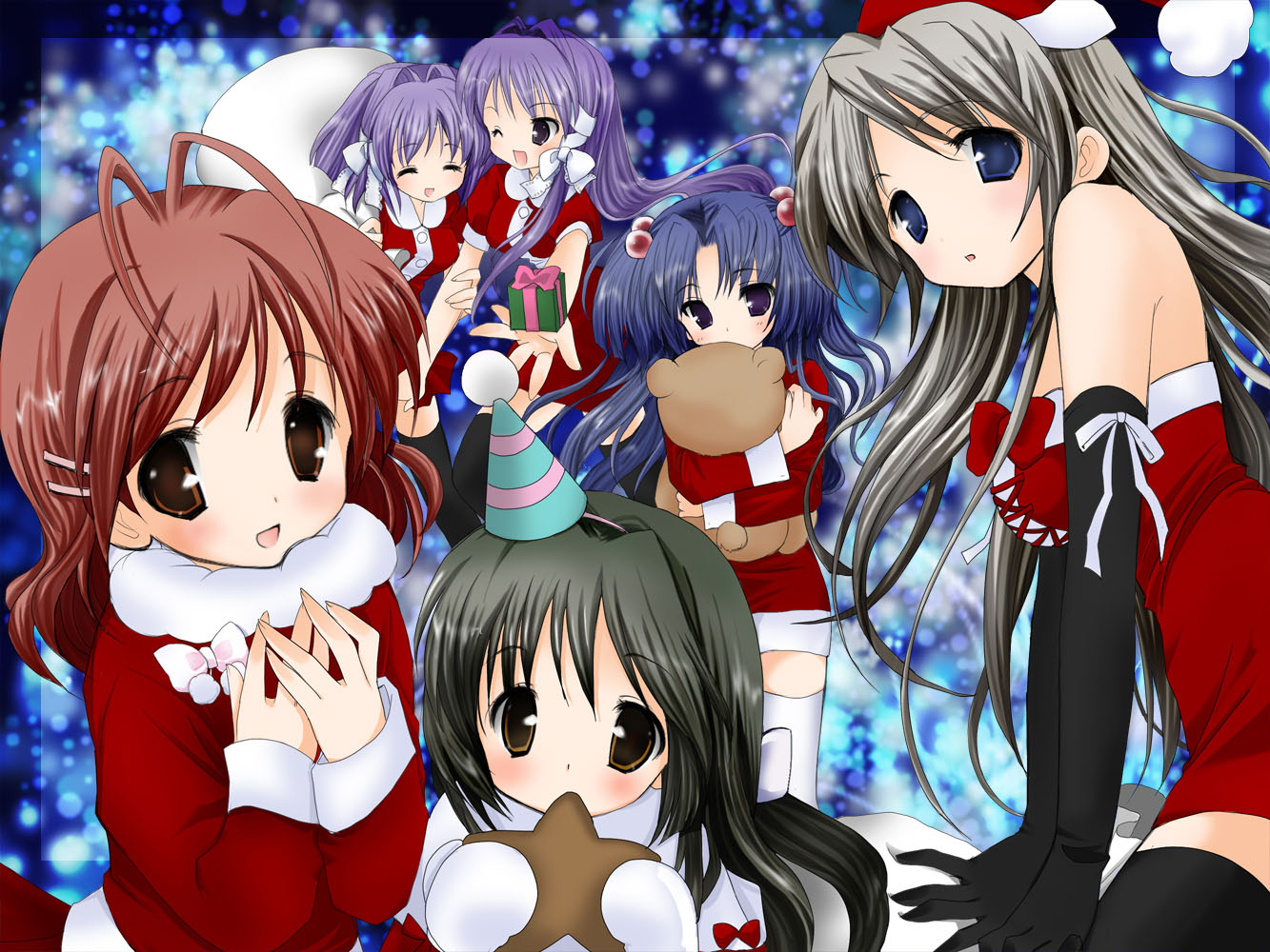 nekomiya nao, fujibayashi kyou, fujibayashi ryou, furukawa nagisa, ibuki fuuko, ichinose kotomi, sakagami tomoyo, clannad, 00s, 6+girls, christmas, everyone, multiple girls, santa costume, siblings, sisters, twins