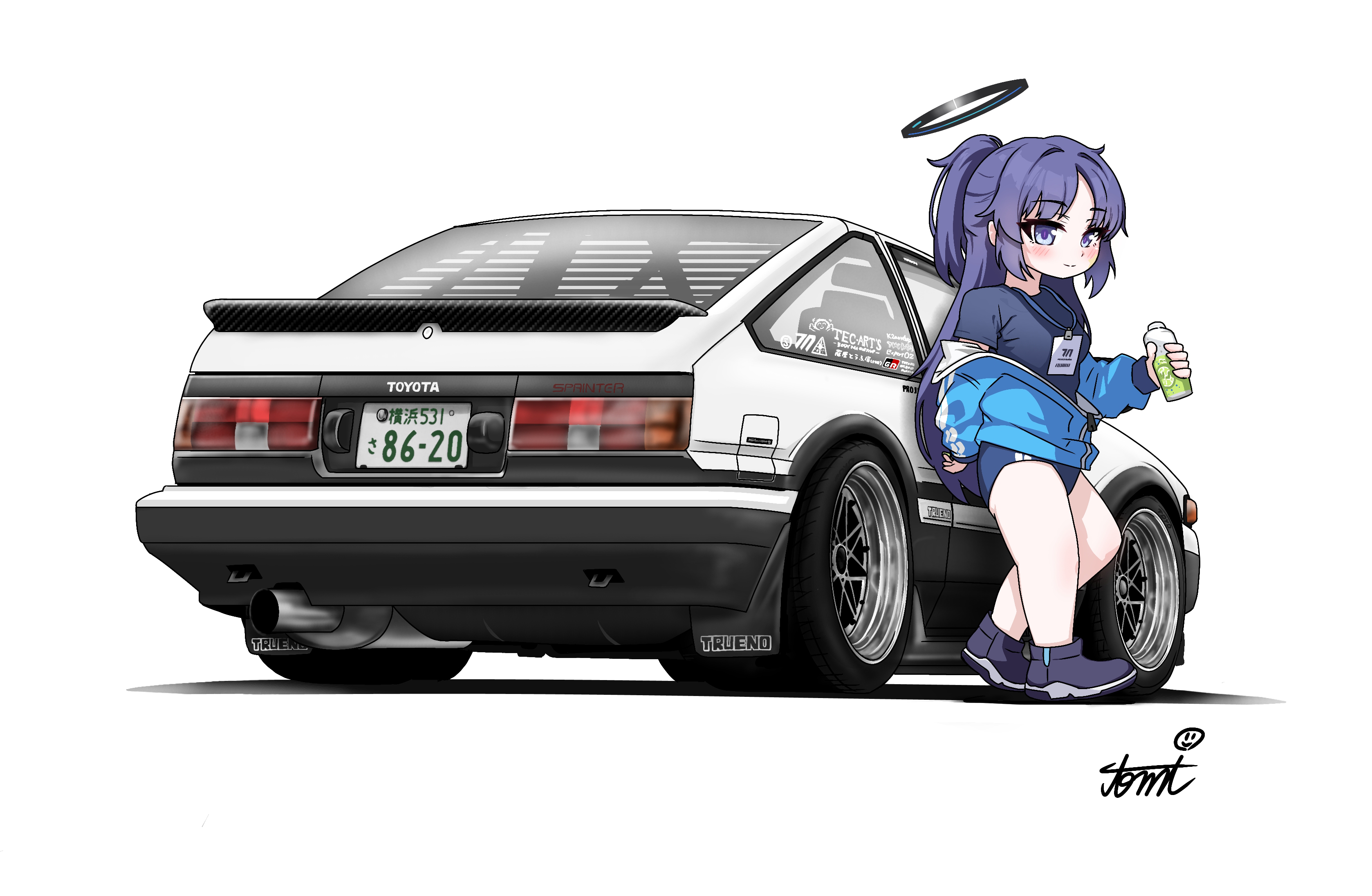 tomimon, doodle sensei (blue archive), sensei (blue archive), yuuka (blue archive), yuuka (track) (blue archive), blue archive, toyota, absurdres, commentary request, highres, 1girl, black shirt, black shoes, blue buruma, blue jacket, blush, bottle, buruma, car, closed mouth, halo, holding, holding bottle, jacket, lanyard, long hair, long sleeves, looking at viewer, motor vehicle, off shoulder, open clothes, open jacket, parted bangs, ponytail, puffy long sleeves, puffy sleeves, purple eyes, purple hair, shadow, shirt, shoes, short sleeves, signature, simple background, sleeves past wrists, smile, solo, toyota sprinter trueno, track jacket, very long hair, white background