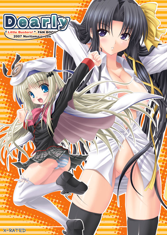 noritama (gozen), kurugaya yuiko, noumi kudryavka, little busters!, silver hair, 2girls, areola slip, black hair, blue eyes, bottomless, bow, dress shirt, fang, long hair, multiple girls, open clothes, open mouth, open shirt, panties, pink bow, plaid clothes, plaid skirt, school uniform, serafuku, shirt, skirt, striped clothes, striped panties, thighhighs, underwear