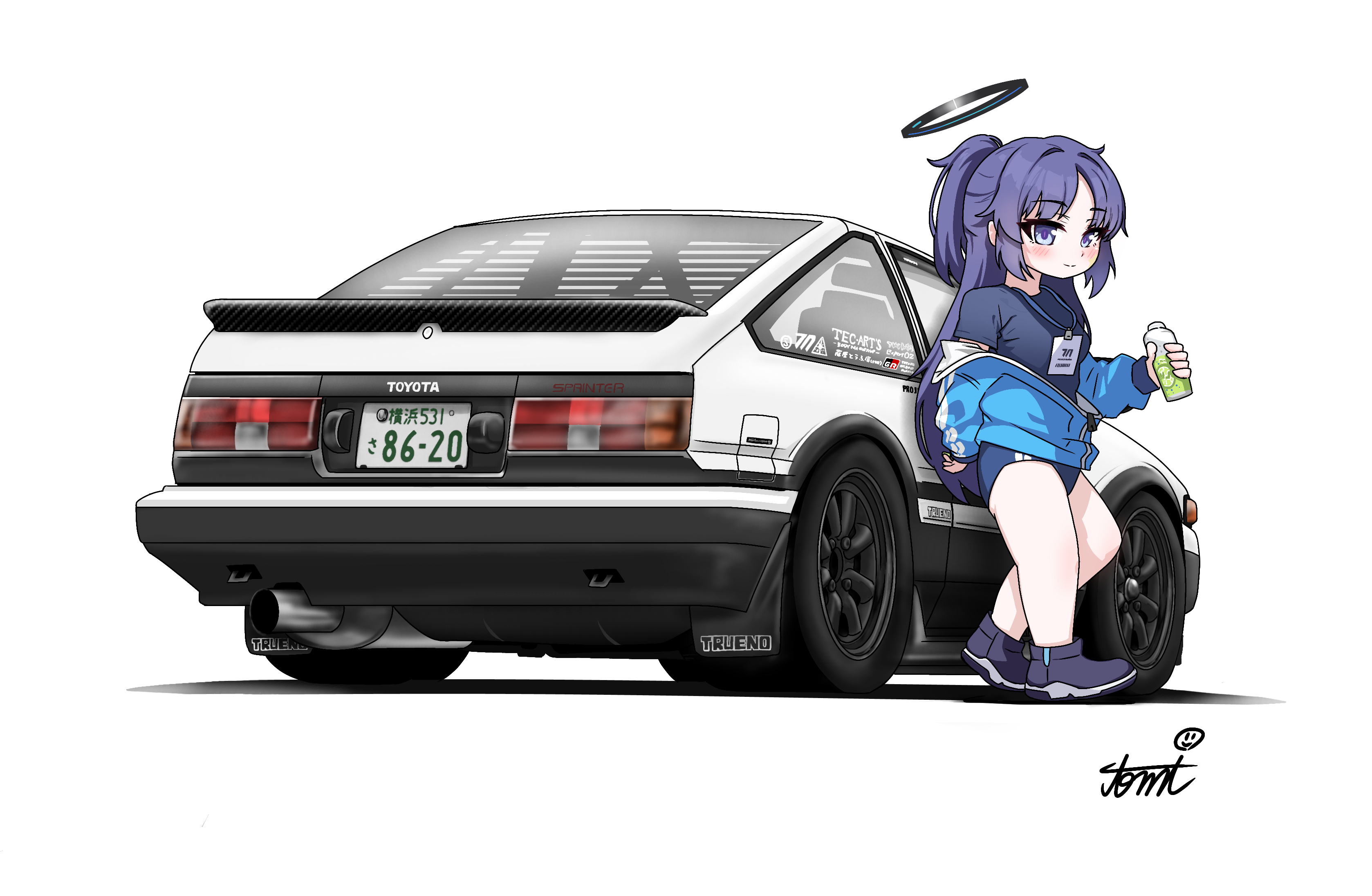tomimon, yuuka (blue archive), yuuka (track) (blue archive), blue archive, toyota, absurdres, highres, 1girl, black shirt, black shoes, blue buruma, blue jacket, blush, bottle, buruma, car, closed mouth, halo, holding, holding bottle, jacket, lanyard, long hair, long sleeves, looking at viewer, motor vehicle, off shoulder, open clothes, open jacket, parted bangs, ponytail, puffy long sleeves, puffy sleeves, purple eyes, purple hair, shadow, shirt, shoes, short sleeves, signature, simple background, sleeves past wrists, smile, solo, toyota sprinter trueno, track jacket, very long hair, white background