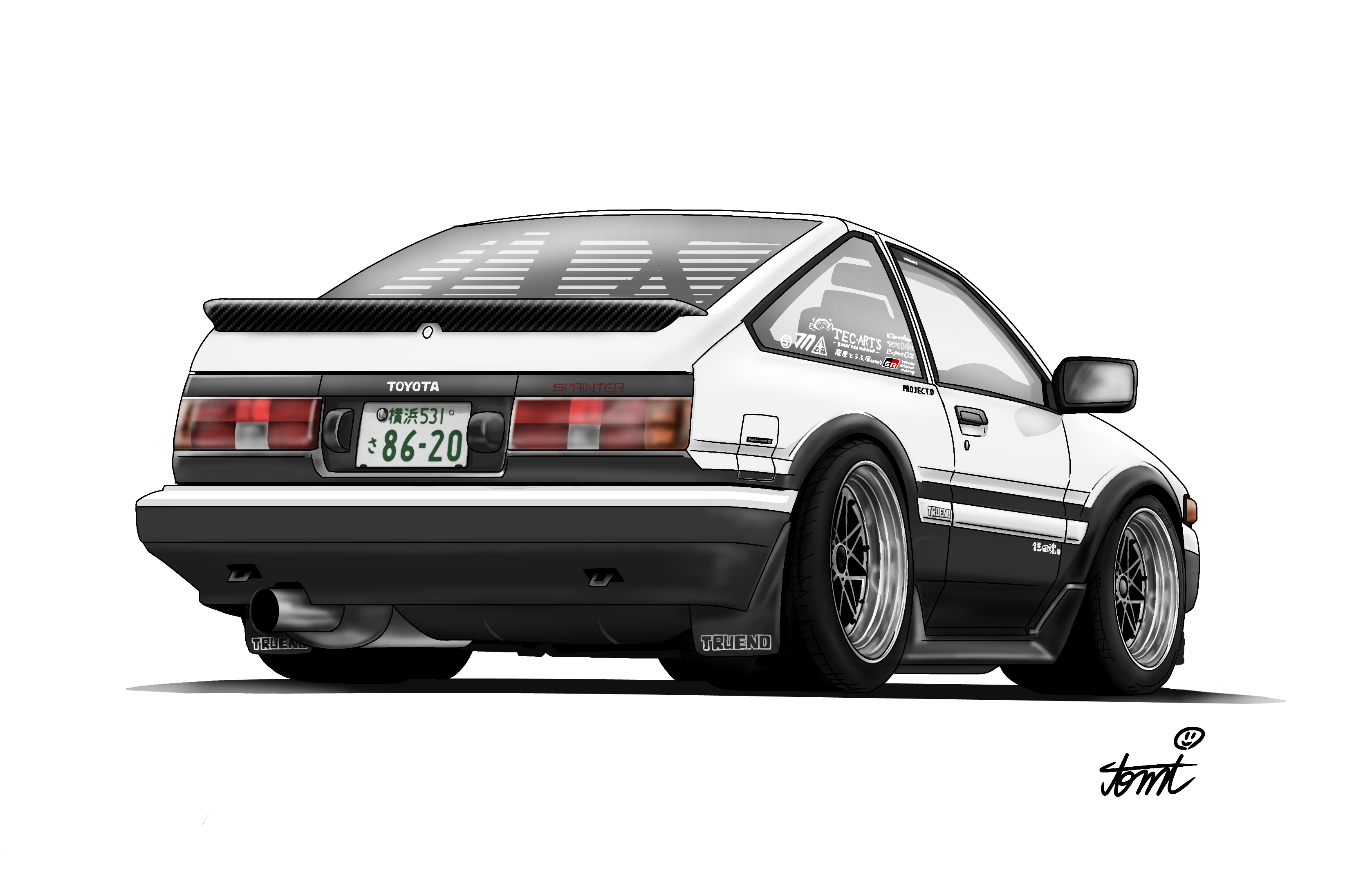tomimon, doodle sensei (blue archive), sensei (blue archive), blue archive, toyota, absurdres, highres, car, motor vehicle, no humans, shadow, signature, simple background, toyota sprinter trueno, vehicle focus, white background