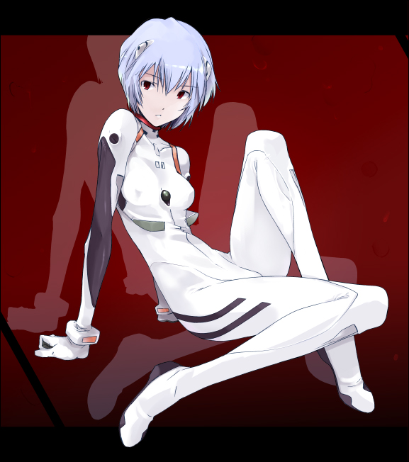 aka ume, ayanami rei, neon genesis evangelion, 1girl, blue hair, breasts, female focus, interface headset (evangelion), mecha pilot suit, pale skin, plugsuit (evangelion), red eyes, short hair, small breasts, solo
