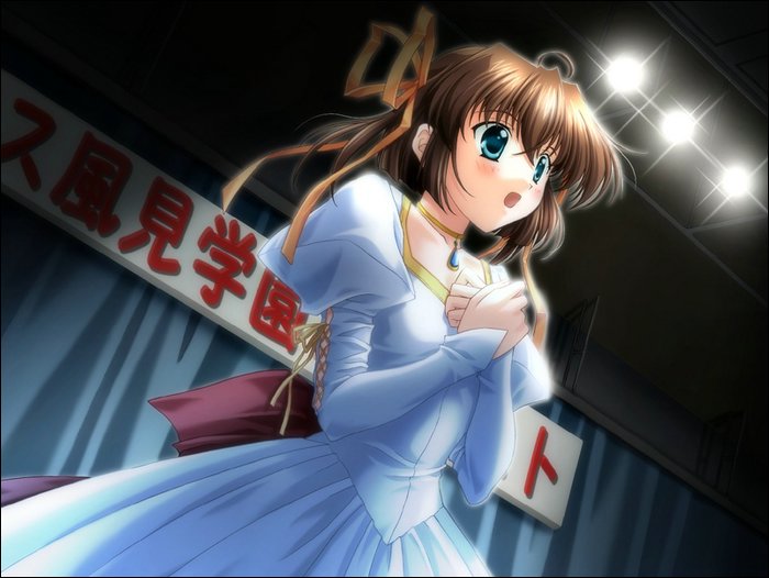 nanao naru, asakura nemu, da capo, da capo i, lights, game cg, 00s, 1girl, :o, blue eyes, brown hair, curtains, dress, dutch angle, female focus, indoors, juliet sleeves, long sleeves, music, open mouth, own hands together, puffy long sleeves, puffy sleeves, short hair, singing, solo, stage lights, text focus, white dress