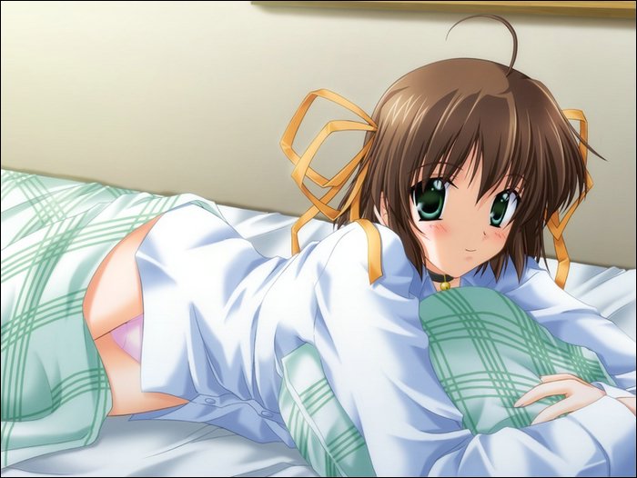 nanao naru, asakura nemu, da capo, game cg, ahoge, bed, brown hair, choker, dress shirt, green eyes, panties, pantyshot, ribbon, short hair, underwear