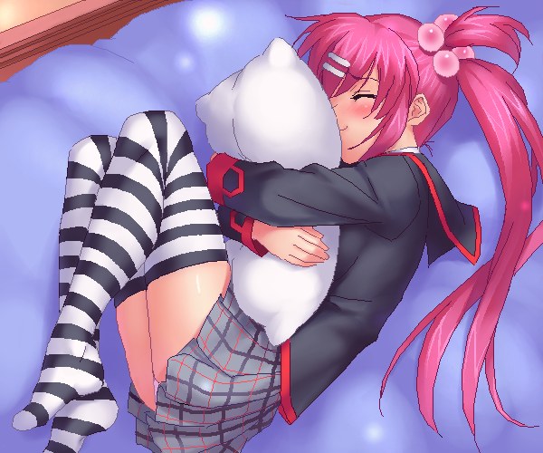 zen, saigusa haruka, little busters!, hugging object, oekaki, pillow, pillow hug, plaid clothes, plaid skirt, skirt, solo, striped clothes, striped thighhighs, thighhighs, zettai ryouiki