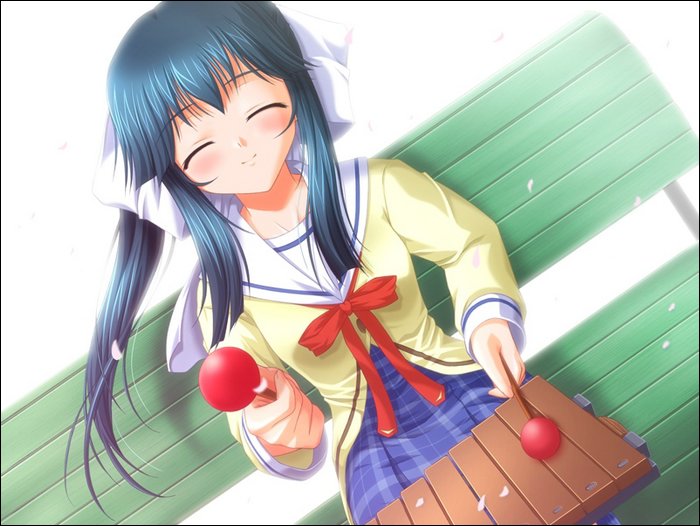 nanao naru, mizukoshi moe, da capo, da capo i, game cg, 00s, 1girl, ^ ^, bench, blue hair, closed eyes, dutch angle, facing viewer, instrument, long hair, music, playing instrument, school uniform, serafuku, sitting, smile