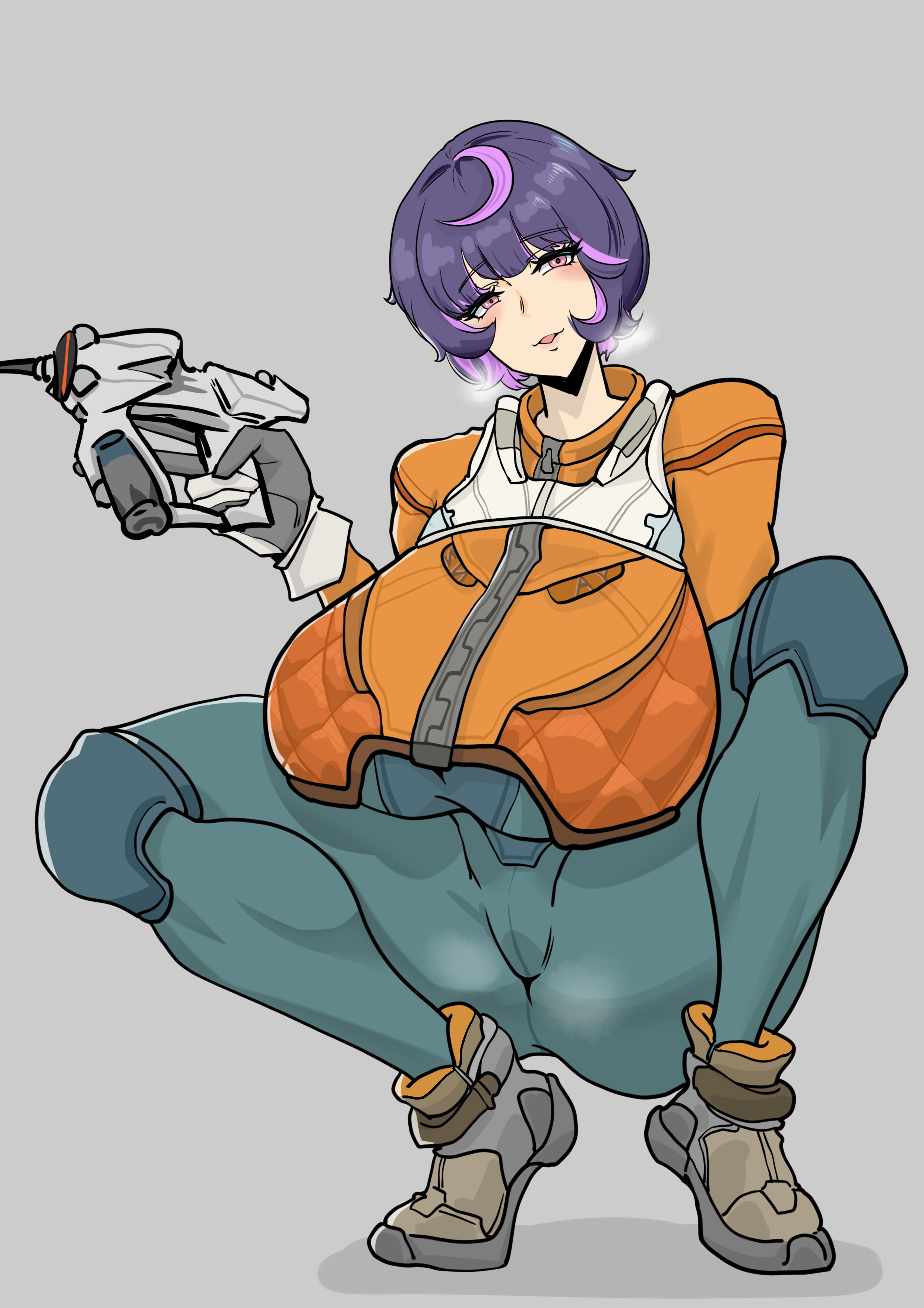 yanz2, juno (overwatch), overwatch, alternate breast size, grey footwear, highres, 1girl, blush, bodysuit, breasts, energy gun, gigantic breasts, gloves, grey background, grey gloves, gun, head tilt, holding, holding gun, holding weapon, huge breasts, jacket, knee pads, looking at viewer, multicolored hair, orange jacket, pants, parted lips, pink eyes, pink hair, purple hair, shoes, short hair, simple background, smile, solo, spread legs, squatting, steaming body, streaked hair, tiptoes, weapon