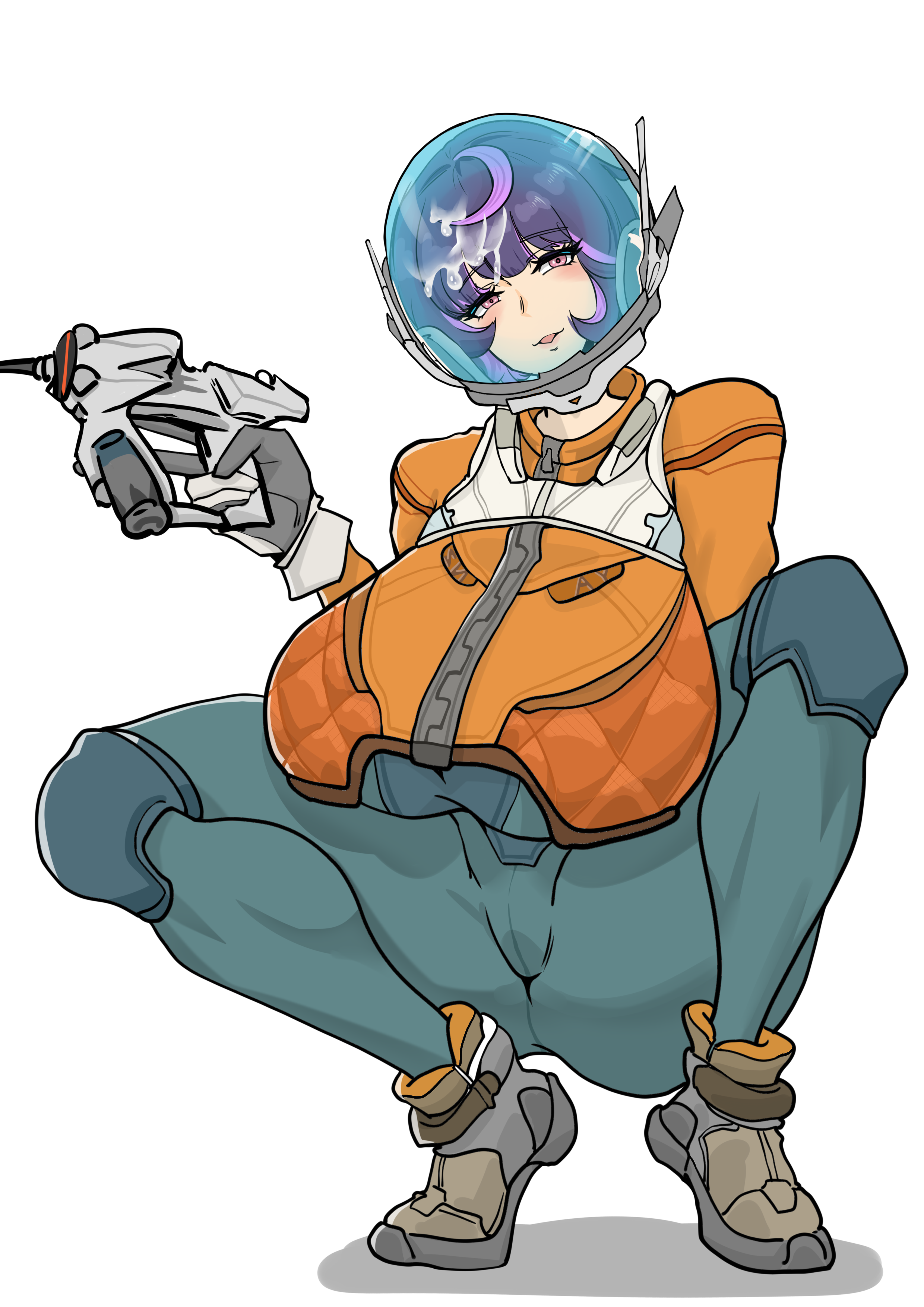 yanz2, juno (overwatch), overwatch, alternate breast size, highres, 1girl, bodysuit, breasts, cum, cum on hair, energy gun, gigantic breasts, gloves, grey gloves, gun, head tilt, helmet, holding, holding gun, holding weapon, huge breasts, jacket, knee pads, looking at viewer, multicolored hair, orange jacket, parted lips, purple hair, smile, solo, space helmet, squatting, tiptoes, virtual youtuber, weapon, white background