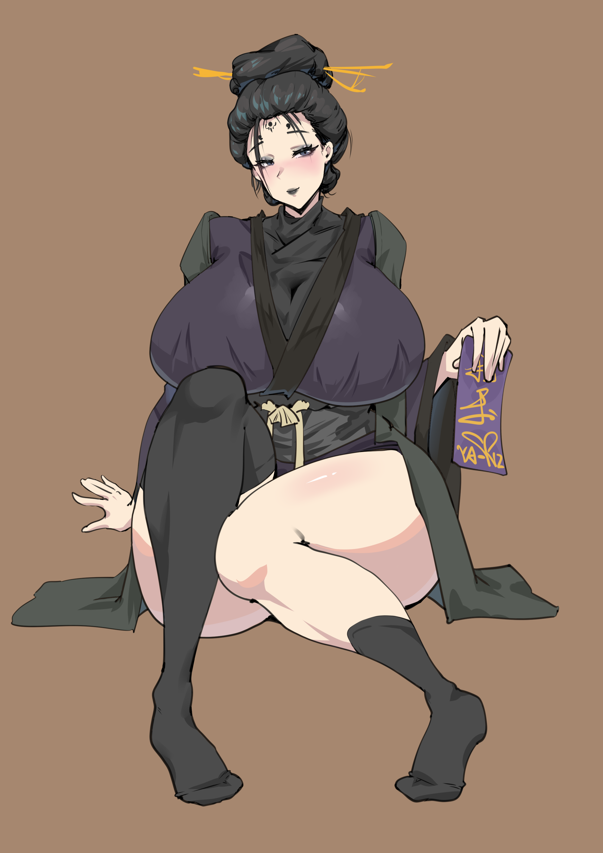 yanz2, highres, 1girl, asymmetrical legwear, black hair, blush, breasts, brown background, hair ornament, hair stick, holding, huge breasts, japanese clothes, kimono, looking at viewer, makeup, mature female, simple background, single sock, sitting, socks, solo, thick thighs, thighhighs, thighs