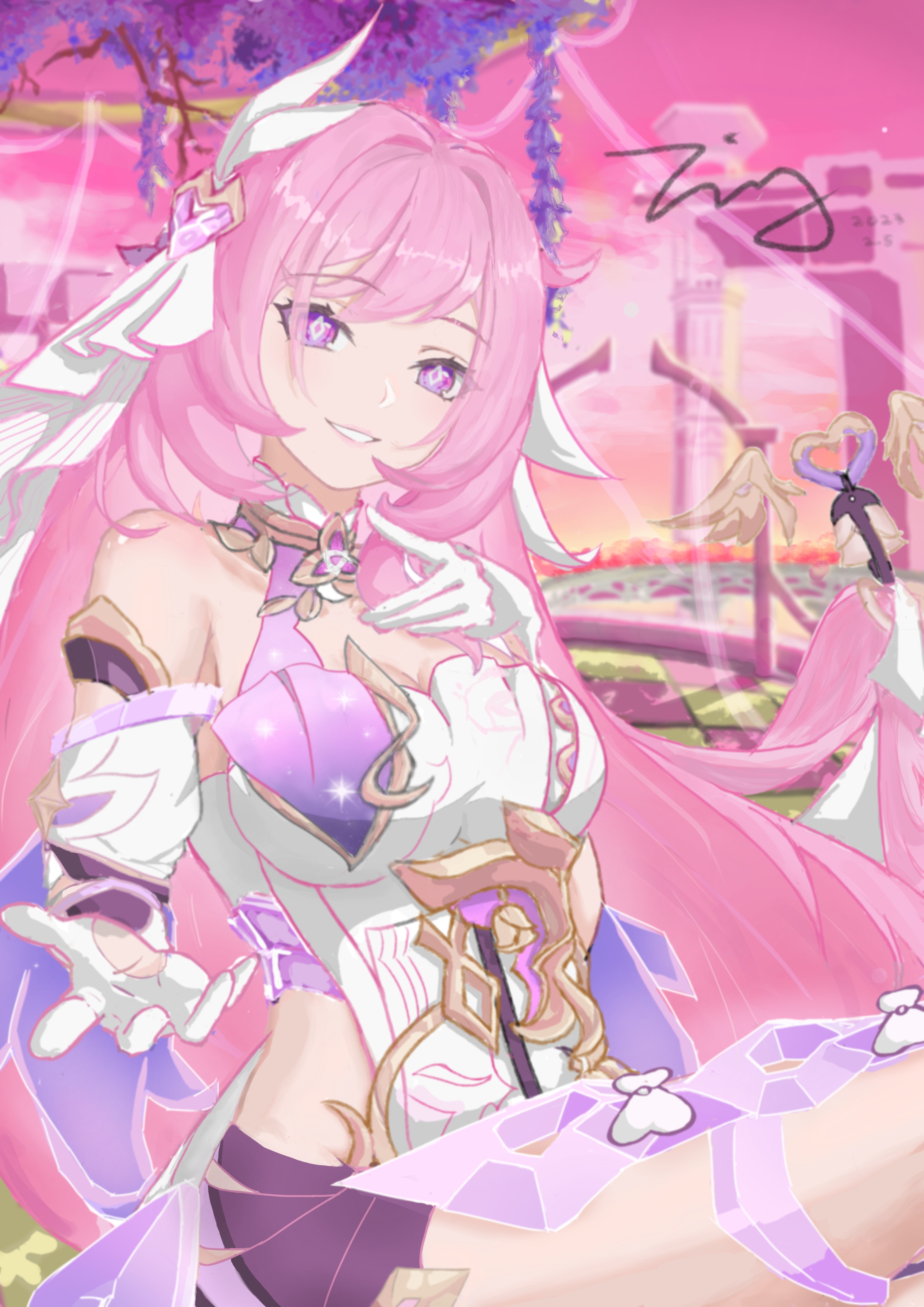 elysia (herrscher of human: ego) (honkai impact), elysia (honkai impact), honkai (series), honkai impact 3rd, absurdres, commentary, english commentary, highres, 1girl, bell, black shorts, breasts, corset, diamond-shaped pupils, diamond (shape), garter straps, hand on own chest, large breasts, long hair, looking at viewer, multicolored hair, pink hair, pink sky, purple eyes, short shorts, shorts, sky, smile, solo, symbol-shaped pupils, thigh strap, thighs, triquetra, two-tone hair, veil, very long hair, white corset, white garter straps, white hair, white veil, zing