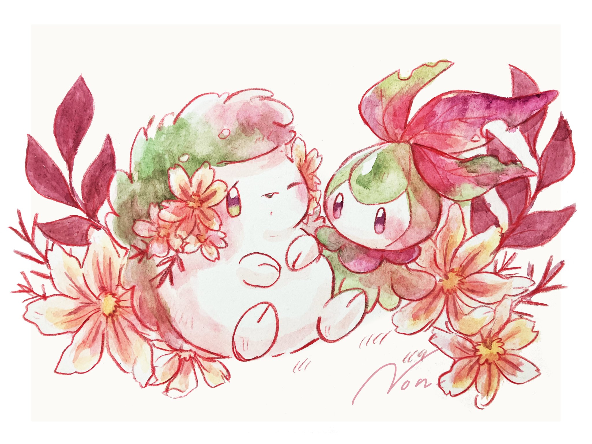 non (kumakawayusu), petilil, shaymin, shaymin (land), nintendo, pokemon, highres, blush, closed mouth, flower, full body, gen 4 pokemon, gen 5 pokemon, grass, green eyes, hedgehog, legendary pokemon, mythical pokemon, no humans, one eye closed, pink flower, pokemon (creature), pokemon focus