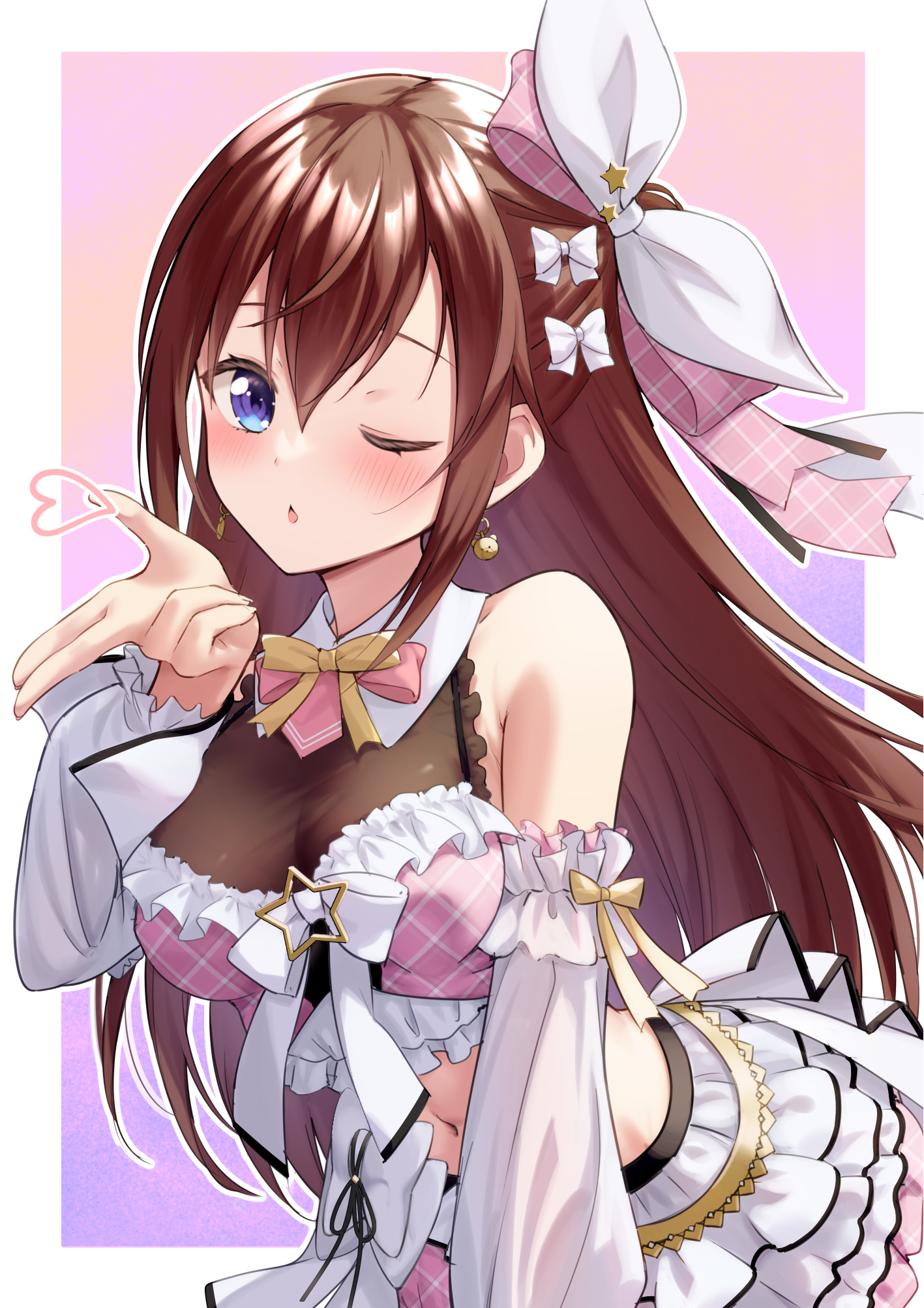 faubynet, tokino sora, tokino sora (birthday 2024), hololive, commentary request, highres, 1girl, blowing kiss, blue eyes, bow, bowtie, brown hair, collared shirt, cropped shirt, detached sleeves, double-parted bangs, frilled shirt collar, frilled skirt, frills, hair between eyes, hair bow, half updo, hand up, leaning forward, long hair, long sleeves, looking at viewer, midriff, navel, official alternate costume, one eye closed, pink shirt, pink skirt, puffy long sleeves, puffy sleeves, see-through cleavage, see-through clothes, shirt, skirt, sleeveless, sleeveless shirt, solo, white bow, white skirt, yellow bow, yellow bowtie