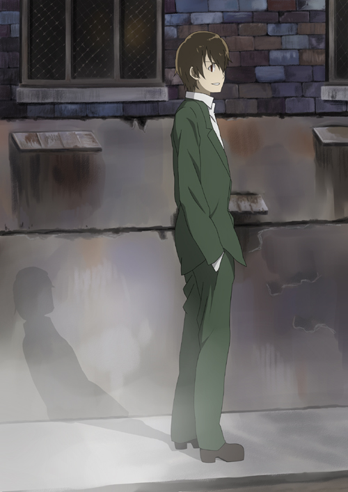 natsuki heru, firo prochainezo, baccano!, 00s, 1boy, brown hair, building, day, formal clothes, full body, hand in pocket, house, long sleeves, male focus, pants, shadow, sidewalk, solo, standing, suit, sunlight, window