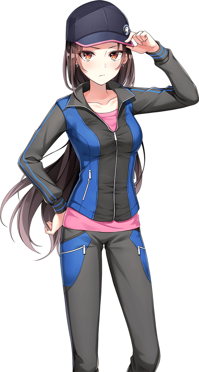 shirako miso, kamuro aya, cue!, highres, official art, 1girl, arm up, black hair, black jacket, black pants, blush, breasts, closed mouth, collarbone, collared jacket, cowboy shot, earrings, hand on own hip, jacket, jewelry, large breasts, long hair, looking at viewer, medium breasts, multicolored jacket, orange eyes, pants, pink shirt, shirt, simple background, solo, standing, straight hair, t-shirt, tachi-e, track jacket, transparent background, tsurime, two-tone jacket, two-tone pants, v-shaped eyebrows, very long hair