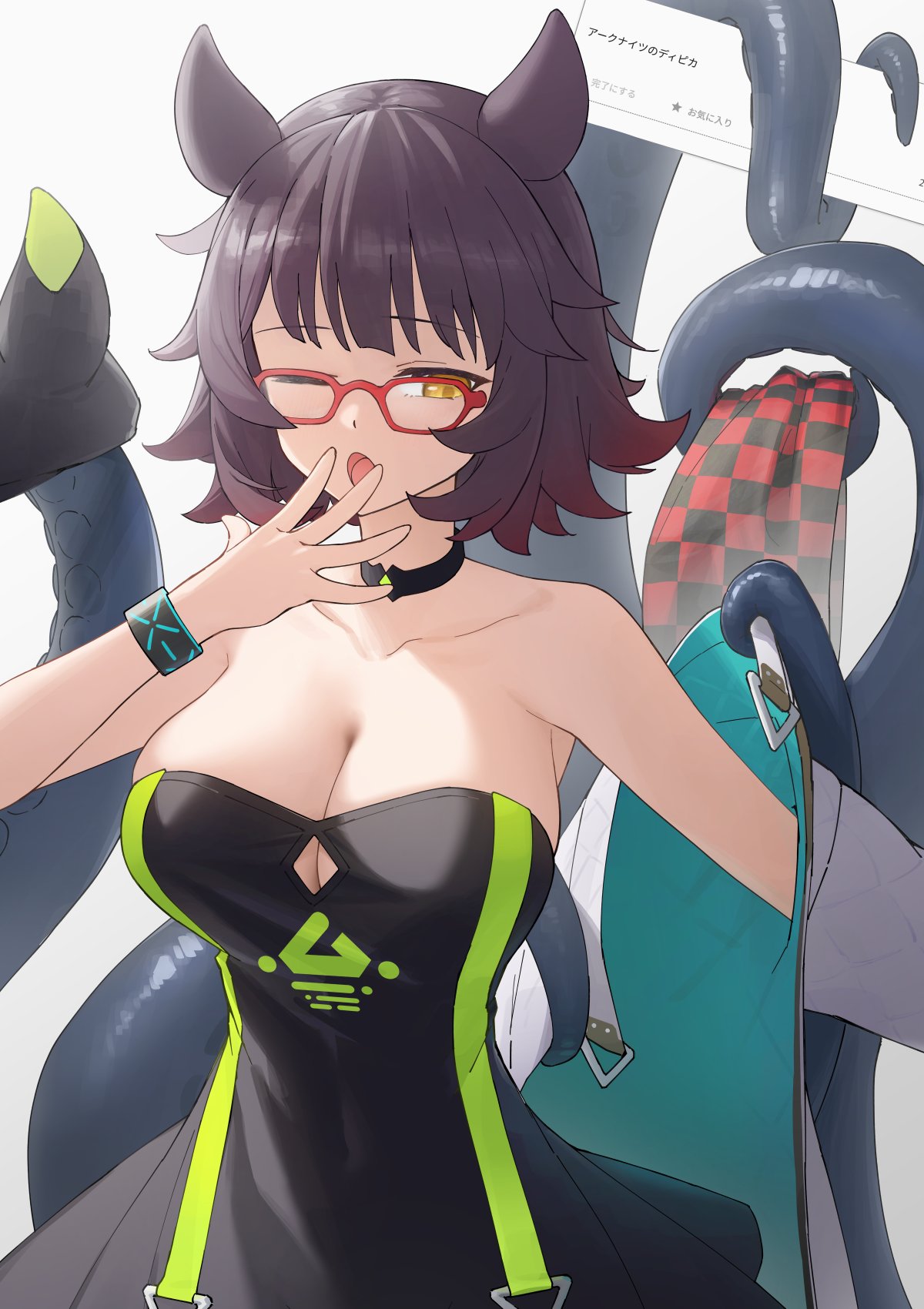 allen.n, deepcolor (arknights), infection monitor (arknights), arknights, commentary request, highres, 1girl, animal ears, bare shoulders, black choker, black dress, black hair, black scarf, breasts, checkered clothes, checkered scarf, choker, cleavage, dress, dressing, glasses, holding, jacket, large breasts, one eye closed, red-framed eyewear, red scarf, scarf, short hair, solo, tentacles, two-tone scarf, unworn scarf, white jacket, yawning, yellow eyes