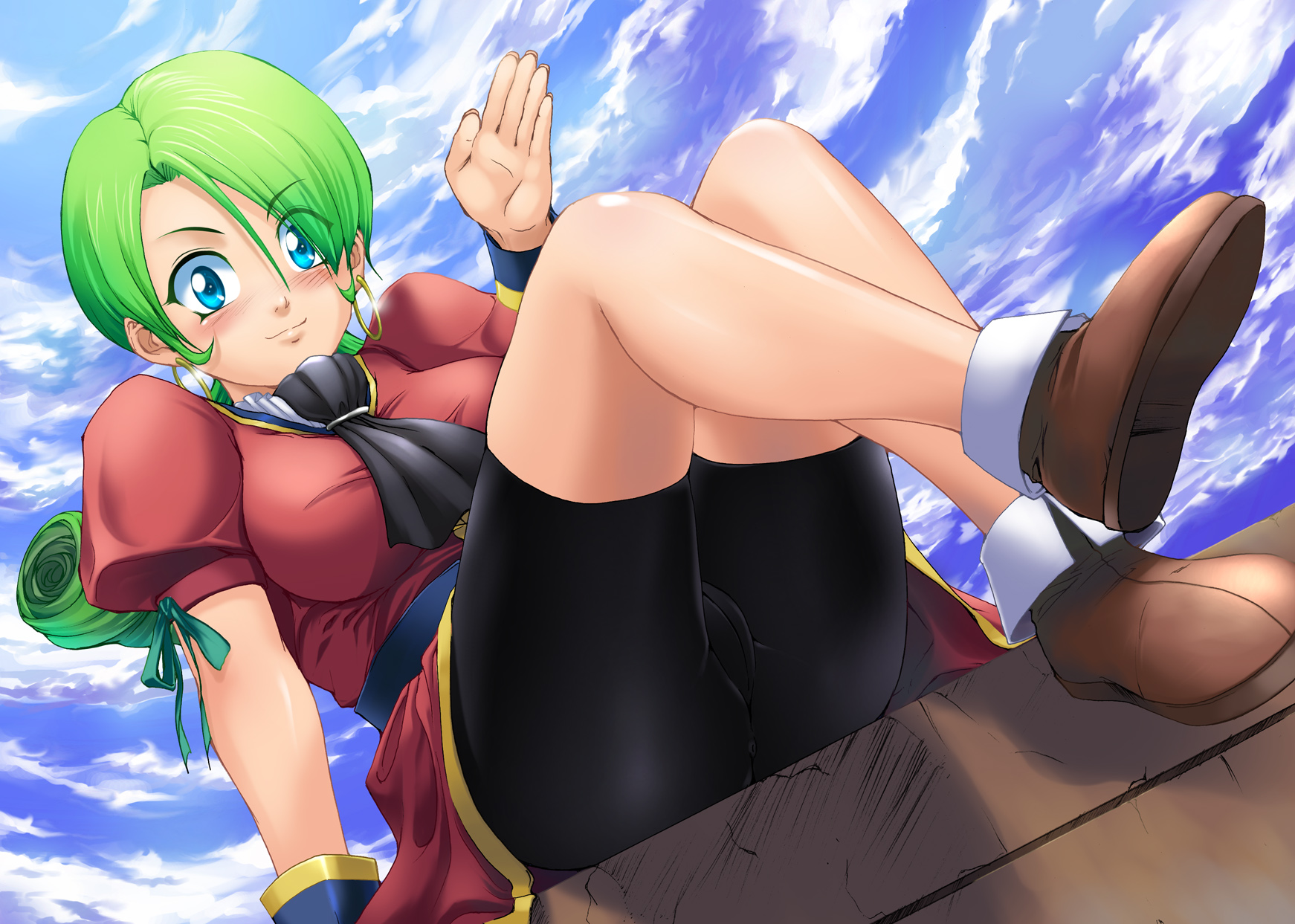 shinozuka jouji, carrie golding, yukke (dq8), dragon quest, dragon quest viii, square enix, highres, 1girl, blue eyes, blush, cameltoe, female focus, green hair, solo