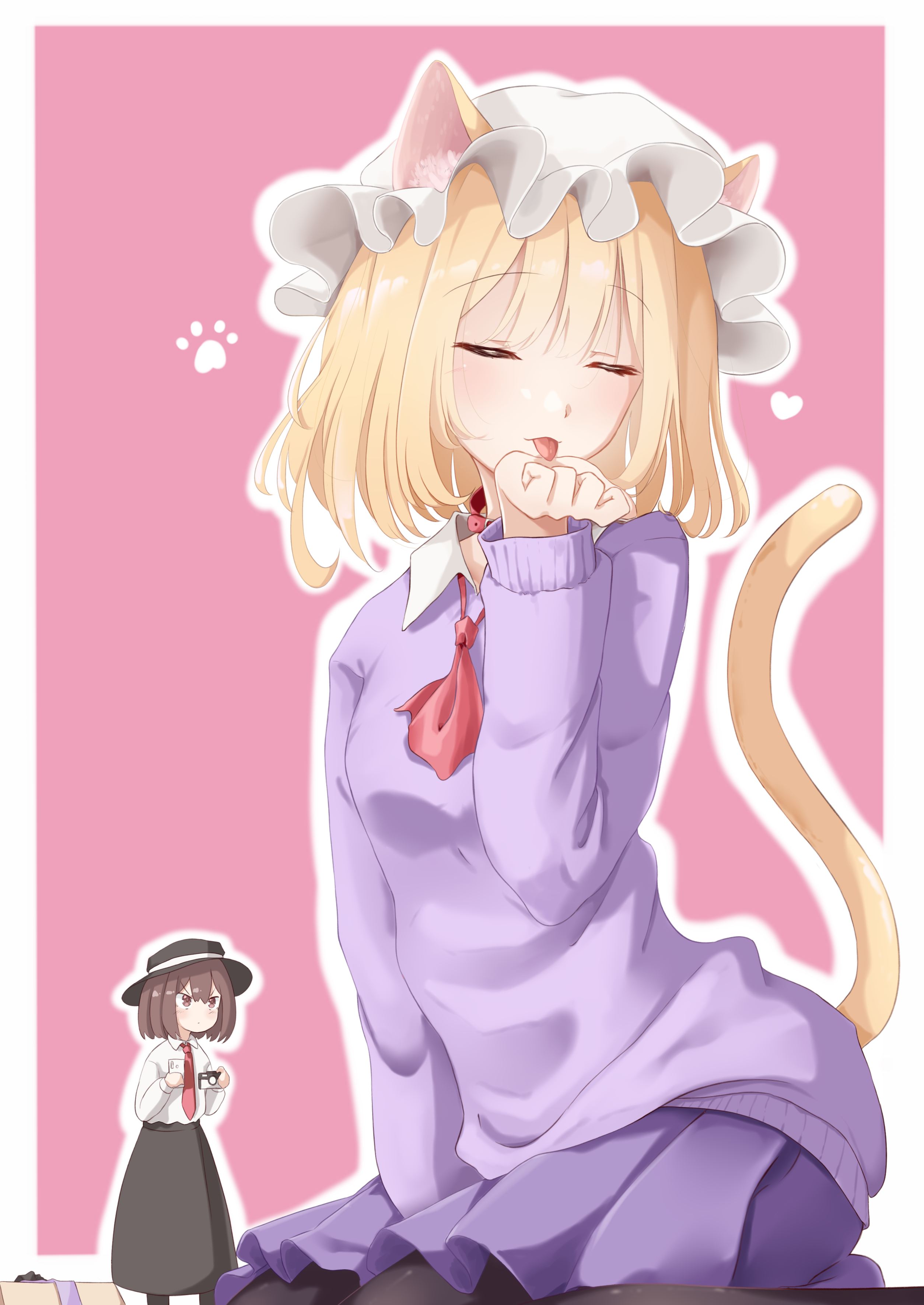 t-hou, maribel hearn, usami renko, touhou, absurdres, highres, 2girls, animal collar, animal ears, ascot, black hat, black leggings, black skirt, blonde hair, blush, brown eyes, brown hair, camera, cat ears, cat girl, cat tail, closed eyes, collar, cuffs, fedora, hat, heart, holding, holding camera, holding phone, leggings, licking, licking own arm, licking palm, licking self, long skirt, mob cap, multiple girls, necktie, paw pose, paw print, phone, pink background, purple shirt, purple skirt, purple wrist cuffs, red ascot, red collar, seiza, shirt, short hair, sitting, skirt, tail, taking picture, white collar, white hat, white shirt, wrist cuffs, yellow tail
