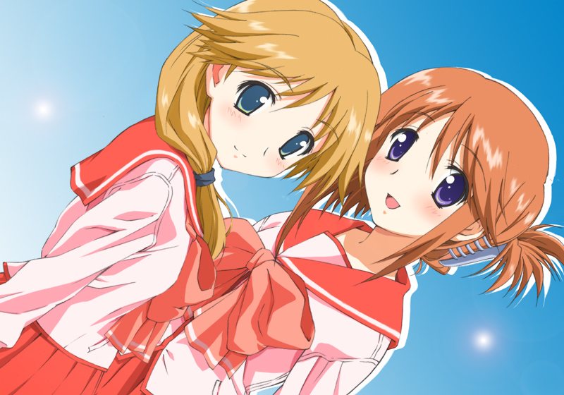 yomi (indigoriver), komaki ikuno, komaki manaka, to heart (series), to heart 2, 00s, 2girls, blonde hair, blue eyes, bow, bowtie, dutch angle, folded ponytail, long sleeves, looking at viewer, multiple girls, orange hair, pleated skirt, purple eyes, red bow, red bowtie, red skirt, sailor collar, school uniform, serafuku, short hair, skirt, upper body