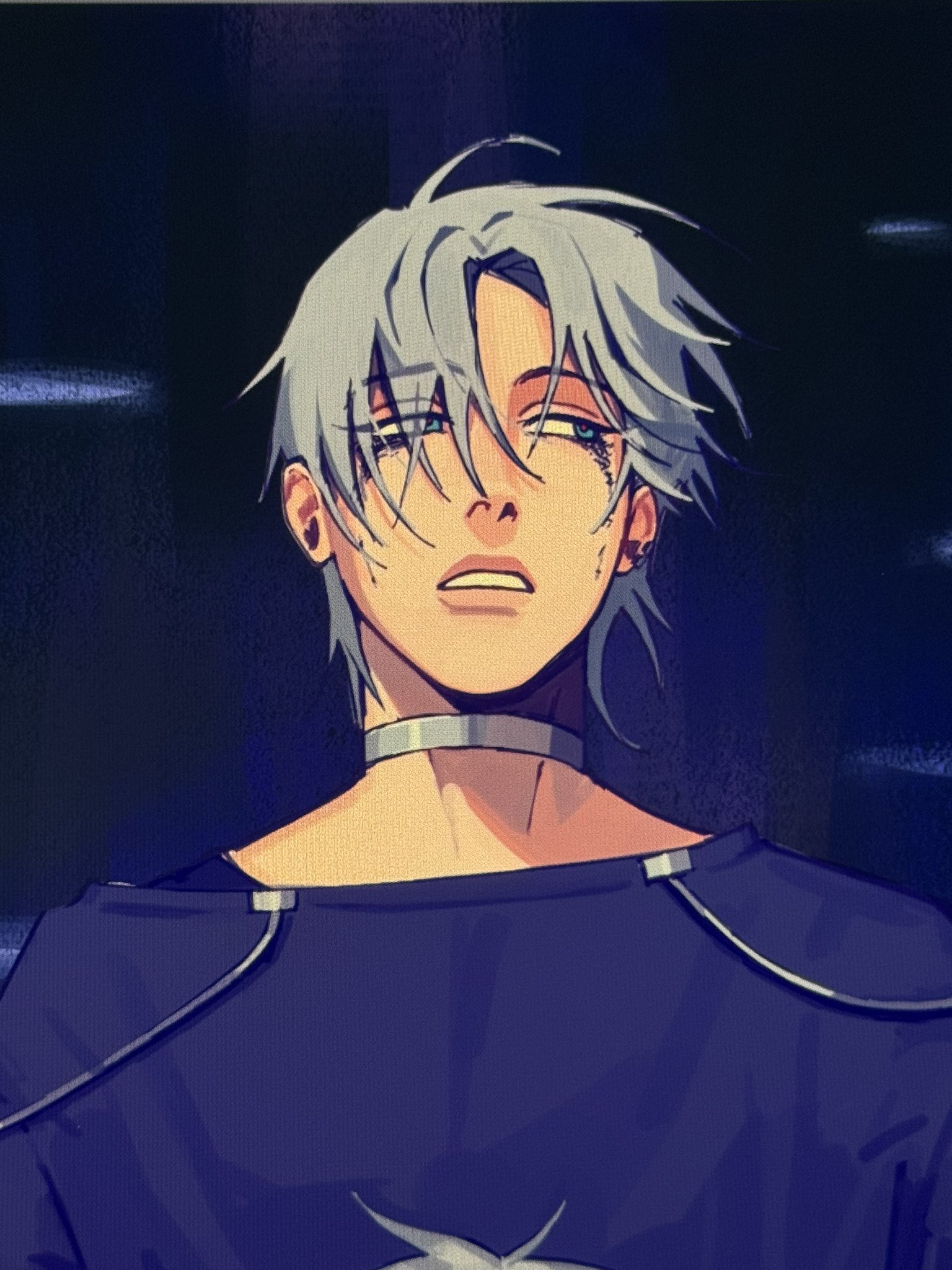 till (alien stage), alien stage, commentary, english commentary, highres, unfinished, 1boy, black shirt, buppiies, choker, grey choker, grey hair, looking to the side, parted lips, shirt, short hair, solo