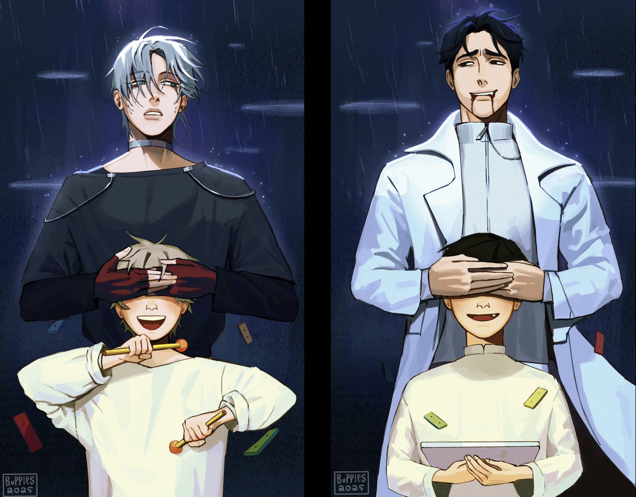 ivan (alien stage), till (alien stage), alien stage, commentary, english commentary, highres, 4boys, aged down, black shirt, blood, blood from mouth, buppiies, choker, coat, covering another's eyes, dual persona, fingerless gloves, gloves, grey choker, grey hair, holding mallets (music), long sleeves, looking to the side, male focus, multiple boys, parted lips, rain, red gloves, shirt, short hair, signature, time paradox, white coat, white shirt