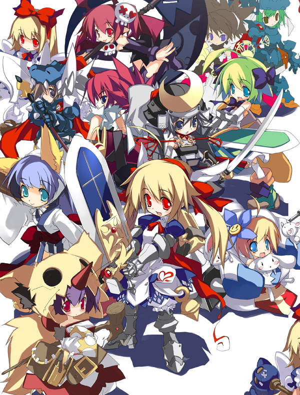 yoshiwo, original, 6+girls, aqua eyes, armor, black eyes, blonde hair, blue eyes, blue hair, brown hair, costume, green hair, katana, multiple girls, purple hair, red eyes, red hair, scythe, sword, weapon