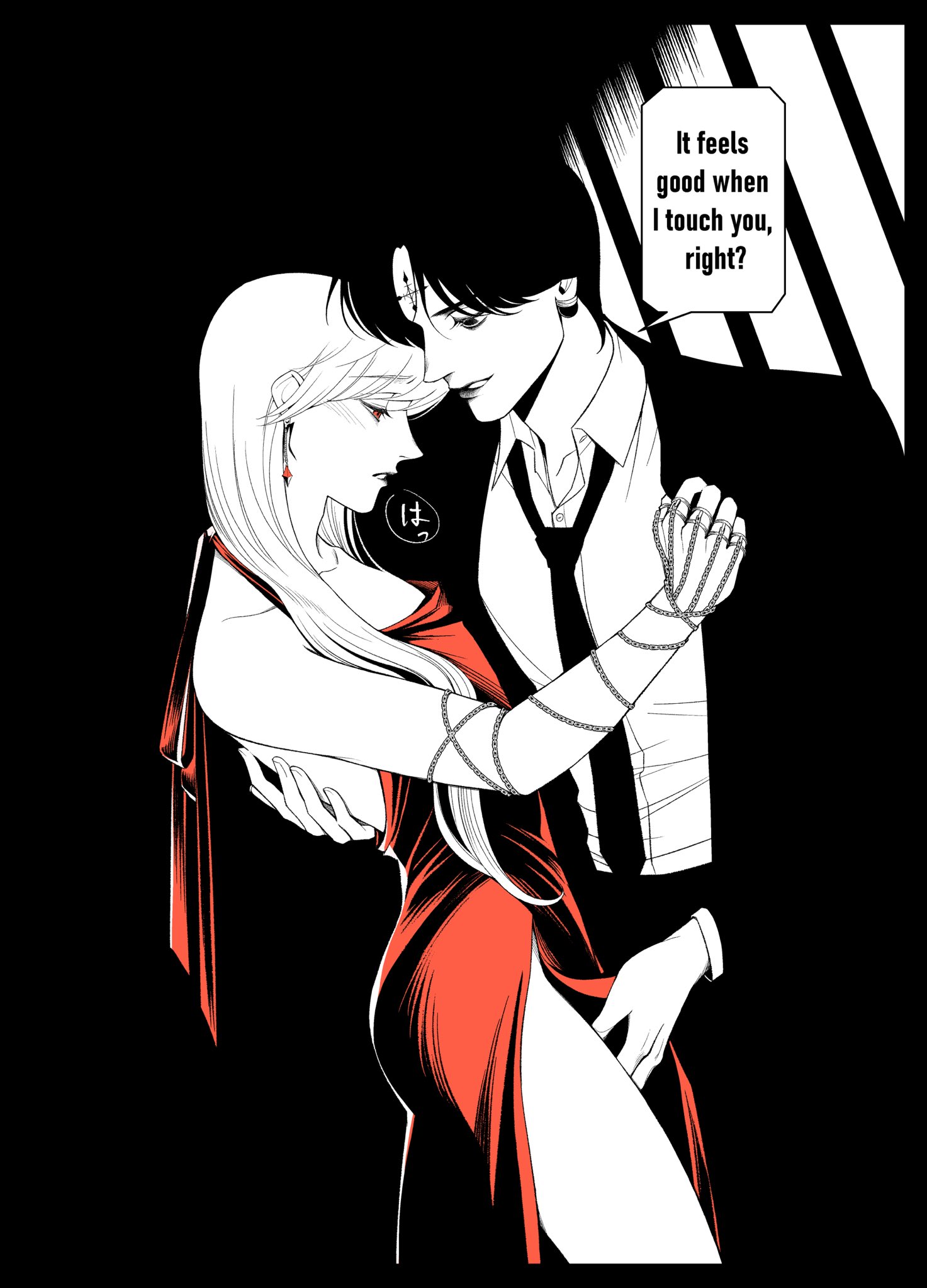chrollo lucilfer, kurapika, hunter x hunter, highres, 2boys, 63roku63, black hair, cross tattoo, crossdressing, crossdressing (mtf), facial mark, forehead mark, forehead tattoo, lips, male focus, monochrome, multiple boys, parted lips, short hair, tattoo, trap, upper body, yaoi