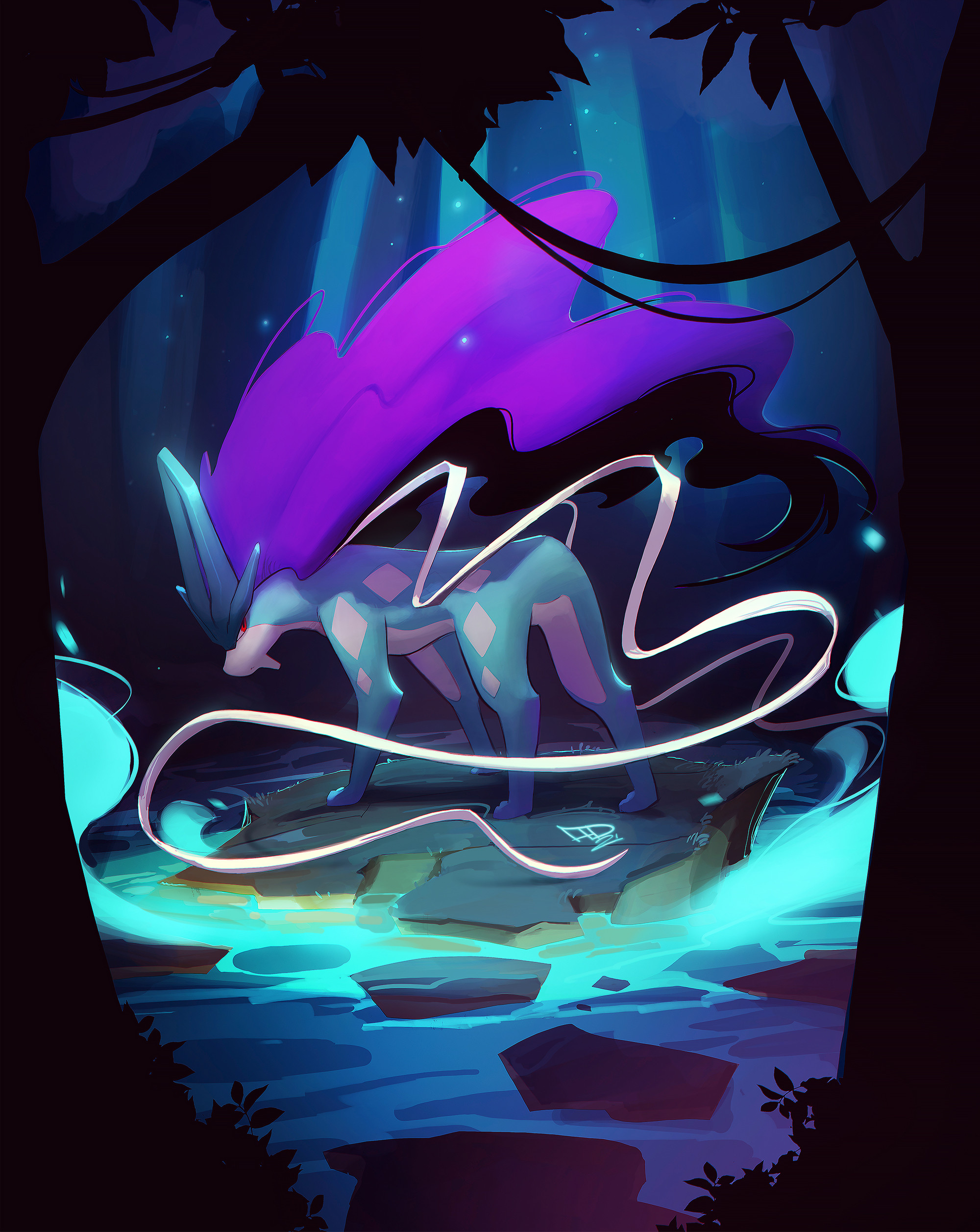 suicune, nintendo, pokemon, absurdres, highres, blue fur, federico maria cugliari, gen 2 pokemon, glowing, legendary pokemon, long hair, night, no humans, outdoors, pokemon (creature), purple hair, red eyes, ribbon, solo, tree, two-tone fur, water, white fur, white ribbon