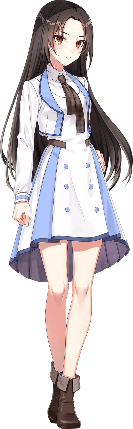 shirako miso, kamuro aya, cue!, highres, official art, 1girl, belt, black hair, blush, boots, breasts, brown boots, collared dress, dress, earrings, full body, grey belt, grey necktie, hand on own hip, jacket, jewelry, large breasts, long hair, long sleeves, looking at viewer, multicolored jacket, necktie, open mouth, orange eyes, parted bangs, parted lips, plaid clothes, plaid necktie, sidelocks, simple background, solo, standing, straight hair, tachi-e, teeth, transparent background, tsurime, two-tone dress, two-tone jacket, very long hair, white dress, white jacket