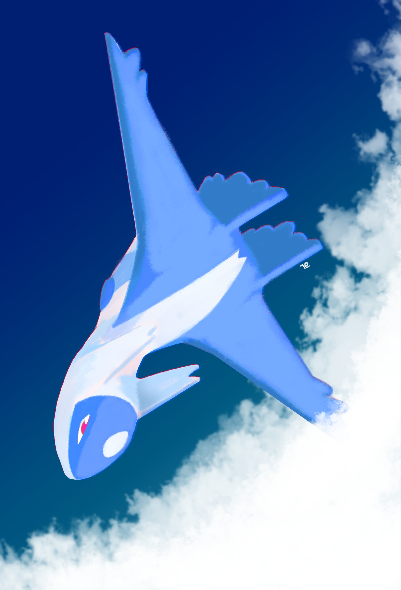 latios, nintendo, pokemon, highres, blue skin, blue sky, cloud, colored skin, day, flying, full body, gen 3 pokemon, legendary pokemon, multicolored skin, outdoors, pokemon (creature), raddums, red eyes, sky, solo, two-tone skin, white skin