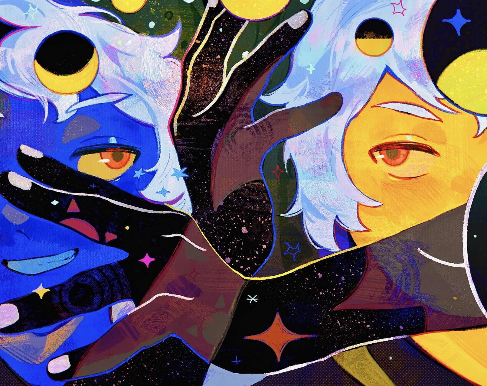 a-kai202, the collector (the owl house), the owl house, commentary, highres, symbol-only commentary, 1other, blue skin, colored skin, crescent moon, moon, moon phases, red eyes, smile, space, star (sky), yellow skin