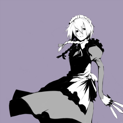 oguchi, izayoi sakuya, touhou, lowres, 1girl, female focus, monochrome, purple background, purple theme, solo