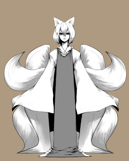 oguchi, yakumo ran, touhou, 1girl, animal ears, brown background, female focus, fox ears, fox tail, monochrome, multiple tails, no headwear, solo, surcoat, tail