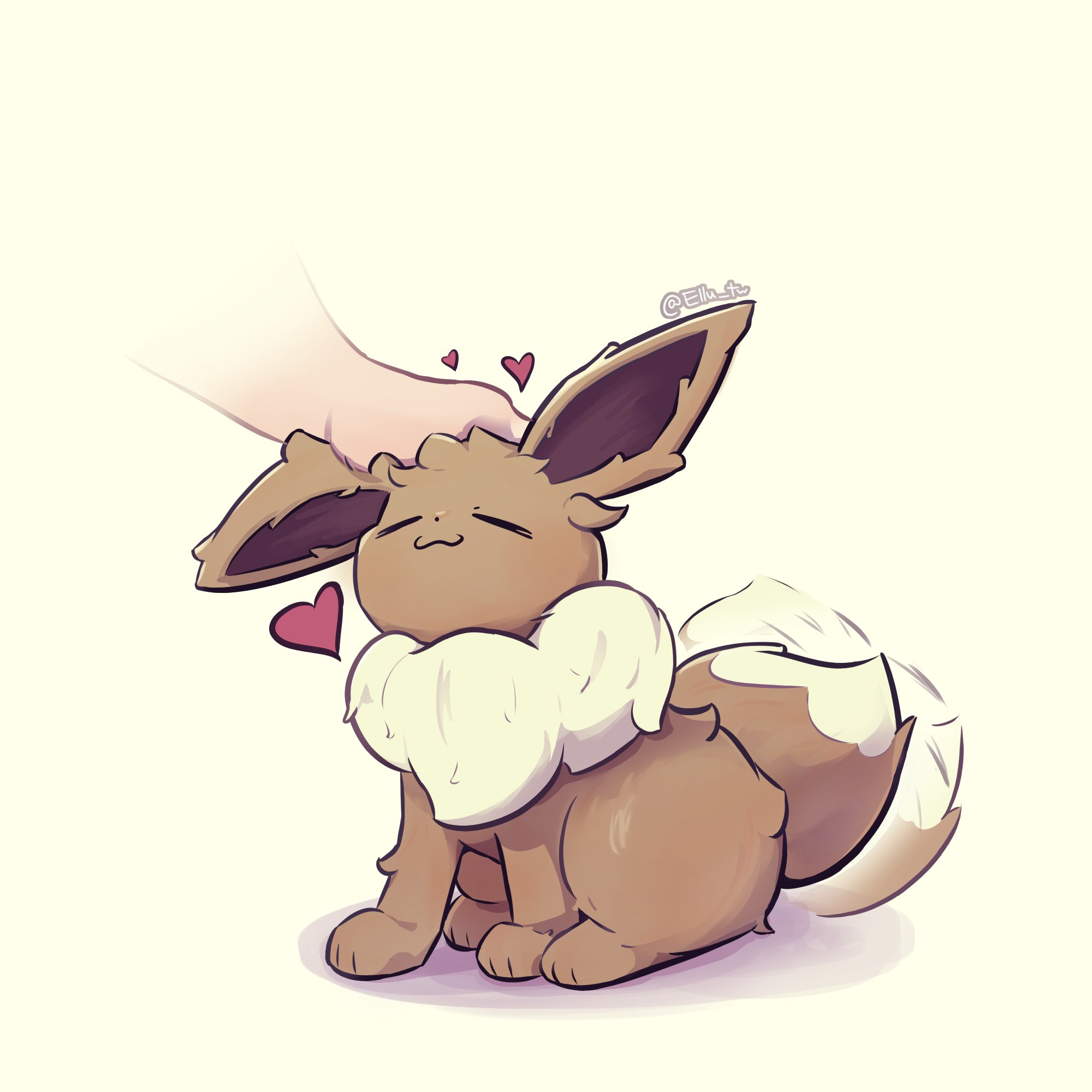 eevee, nintendo, pokemon, highres, artist name, brown fur, closed eyes, disembodied hand, ellu tw, gen 1 pokemon, grey background, heart, pokemon (creature), simple background, triangular headpiece, two-tone fur