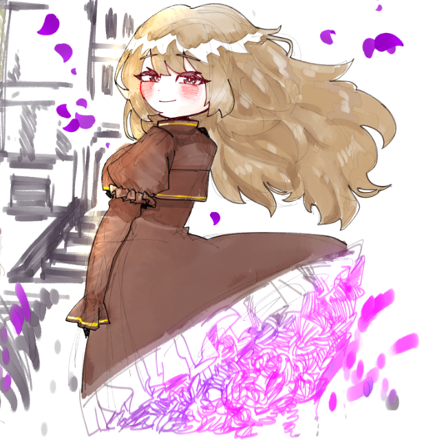 catherine (project moon), limbus company, project moon, 1girl, blush, brown dress, brown eyes, brown hair, dress, flower, juliet sleeves, long hair, long sleeves, looking at viewer, puffy sleeves, purple flower, purple petals, purple rose, rose, simple background, smile, solo, standing, udiedguy, upper body, white background